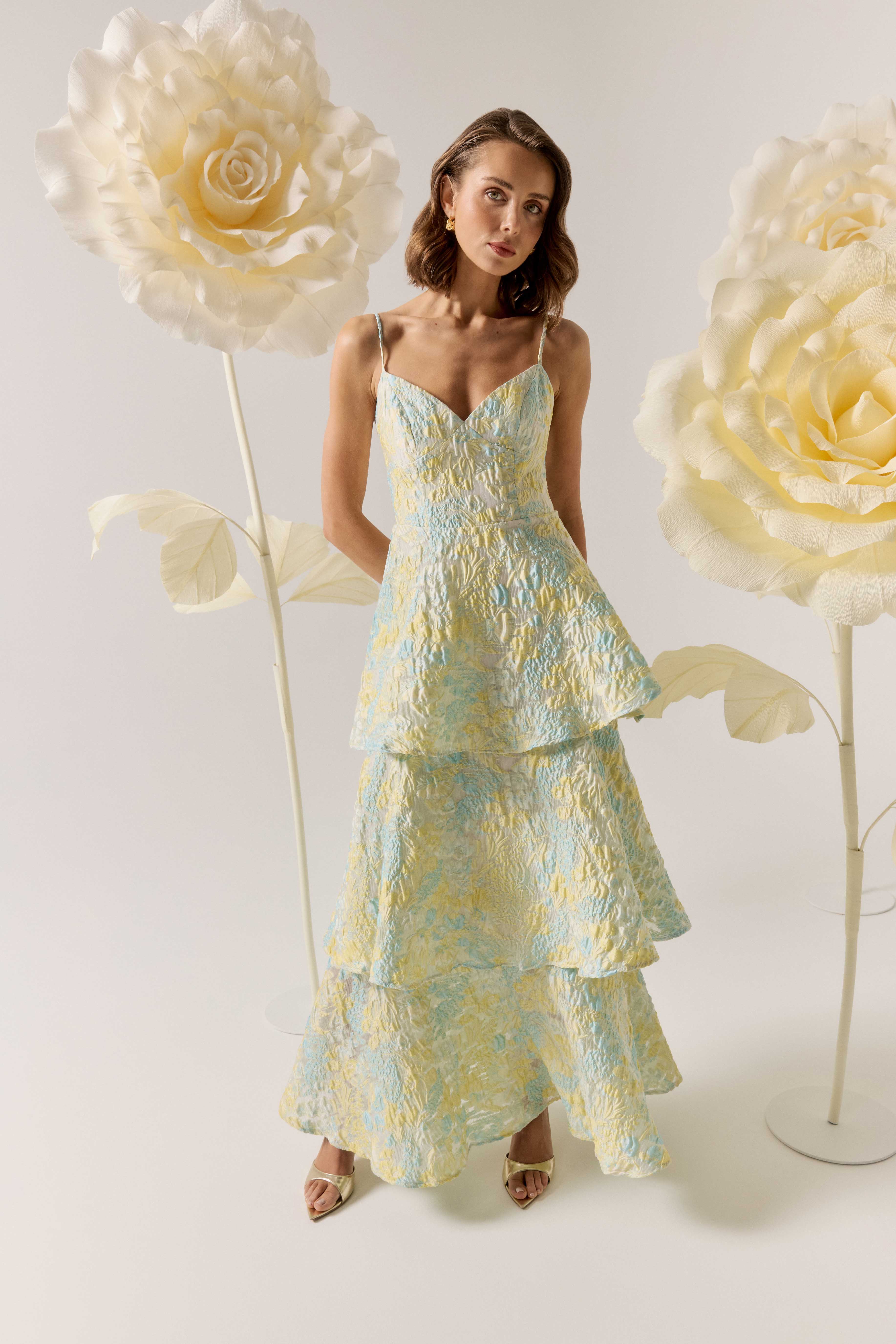 Penelope Tiered Gown in Yellow & Blue Floral