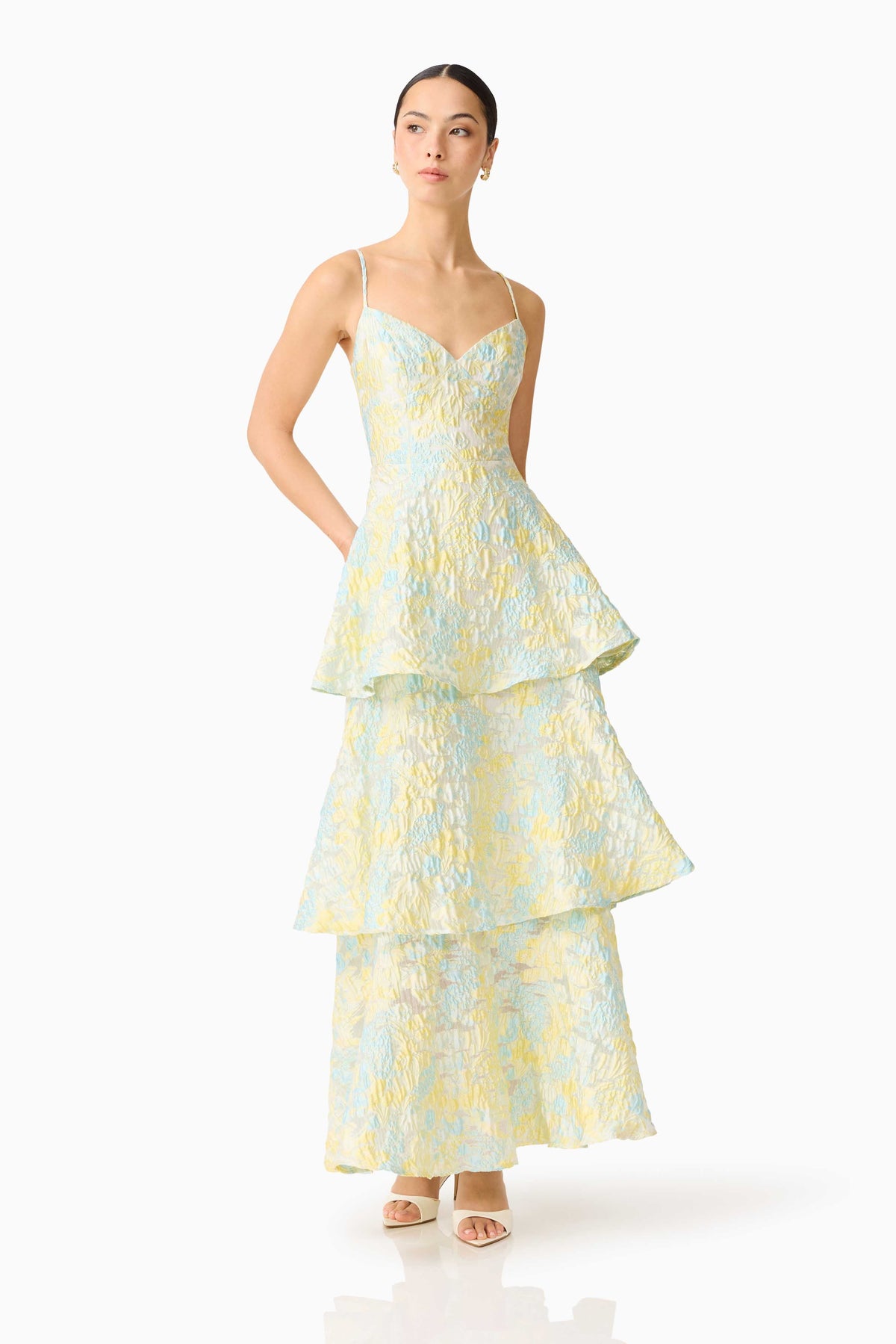 Penelope Tiered Gown in Yellow & Blue Floral