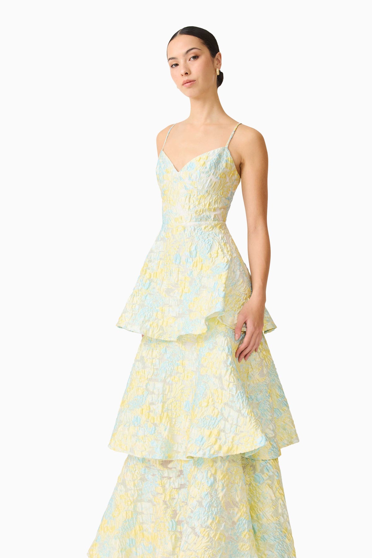 Penelope Tiered Gown in Yellow & Blue Floral