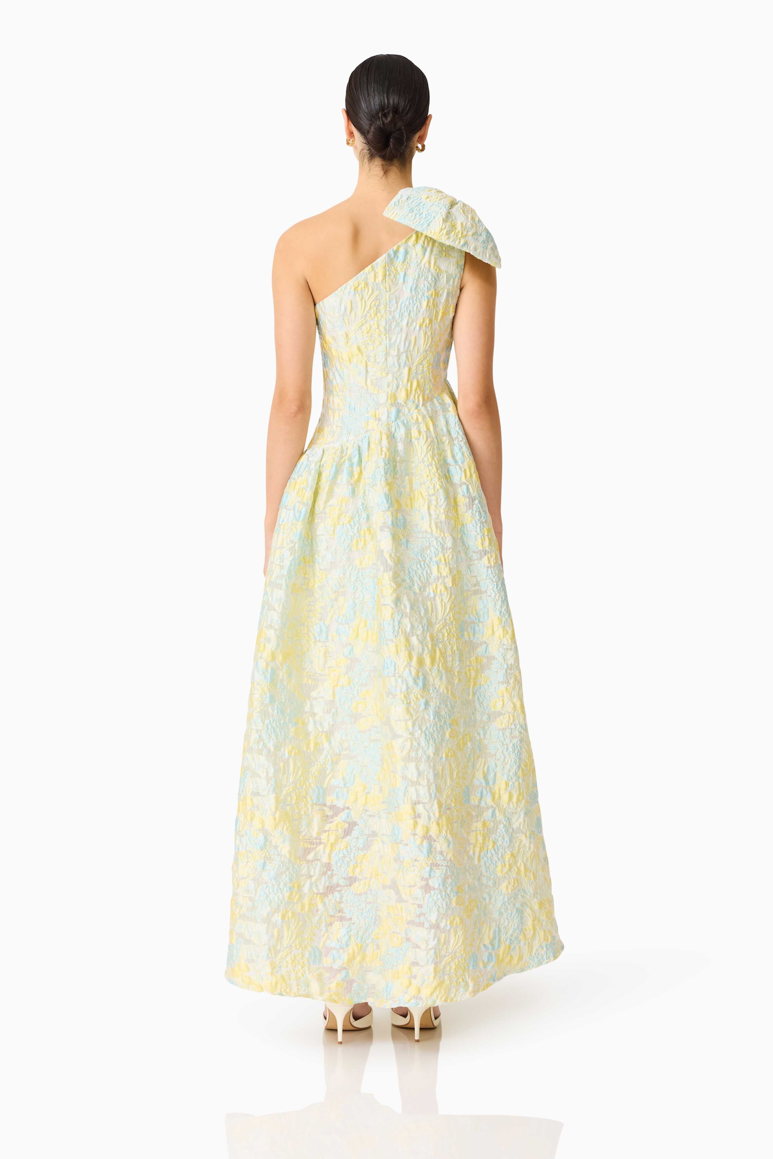 Penelope Asymmetrical Gown in Yellow & Blue Floral