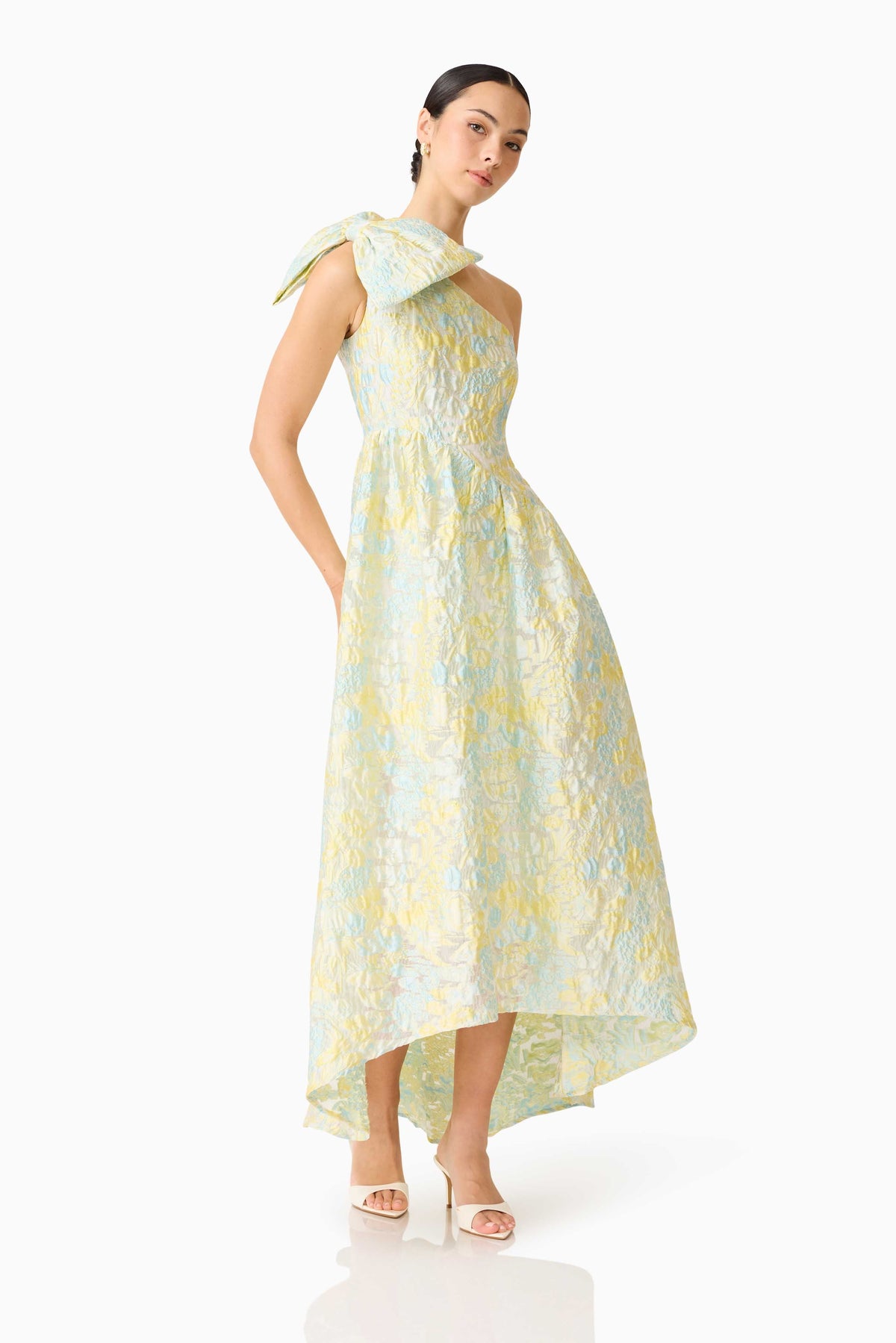 Penelope Asymmetrical Gown in Yellow & Blue Floral