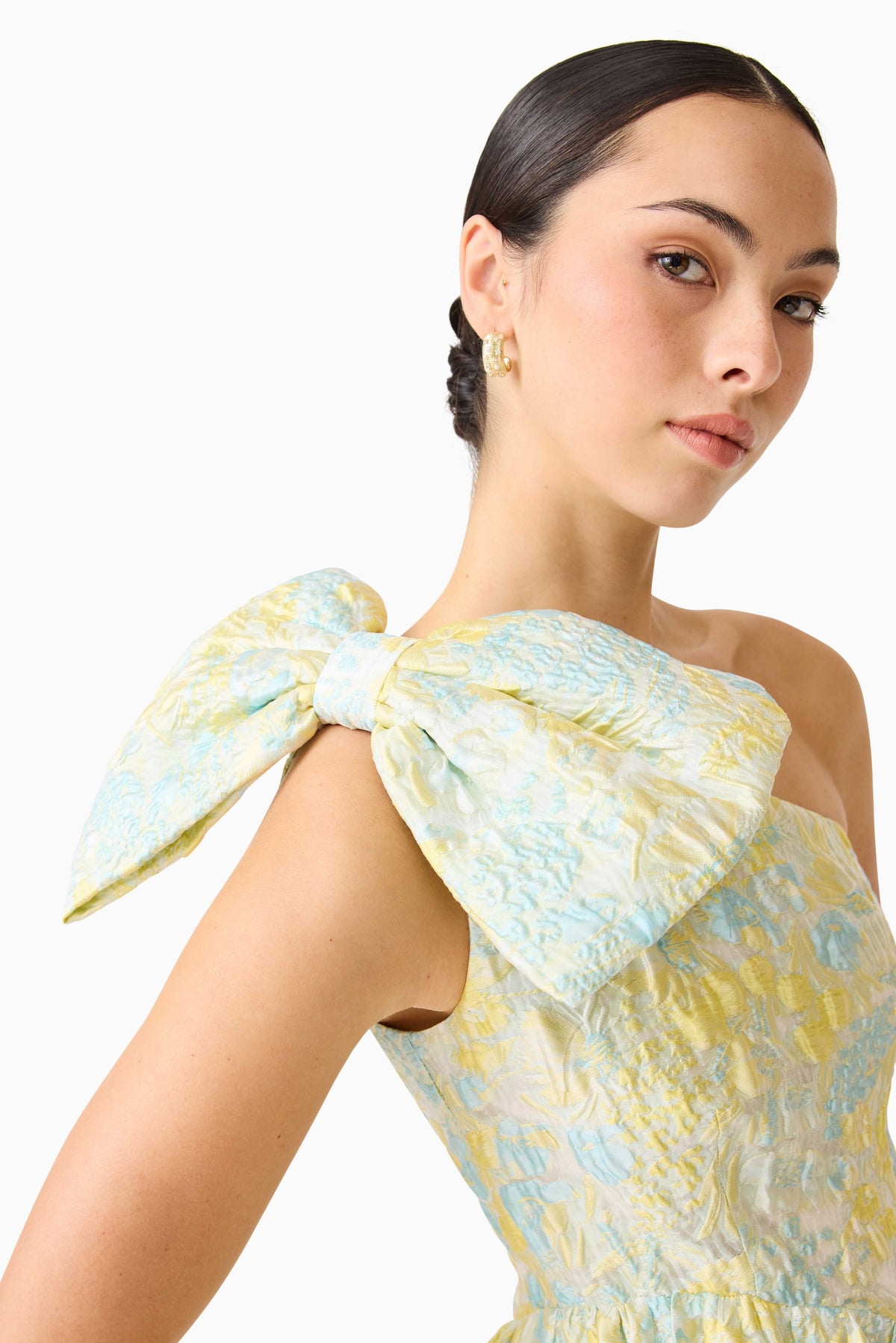 Penelope Asymmetrical Gown in Yellow & Blue Floral