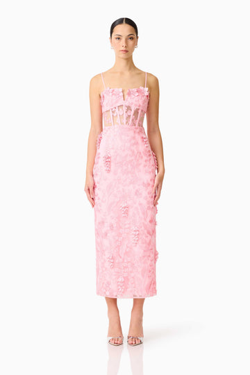 Monique Floral Applique Midi Dress in Pink