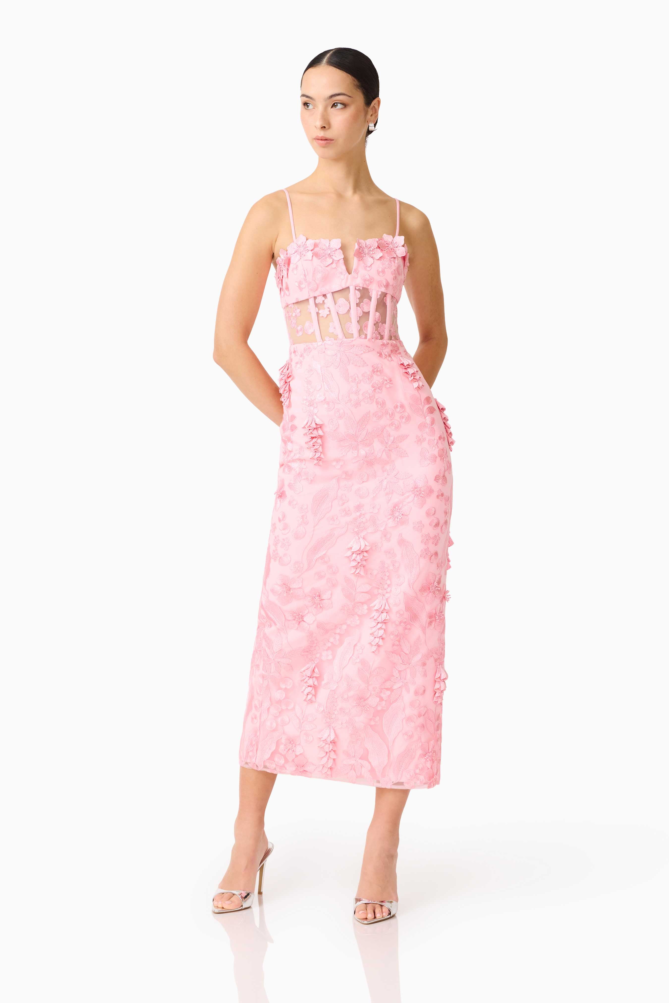 Monique Floral Applique Midi Dress in Pink