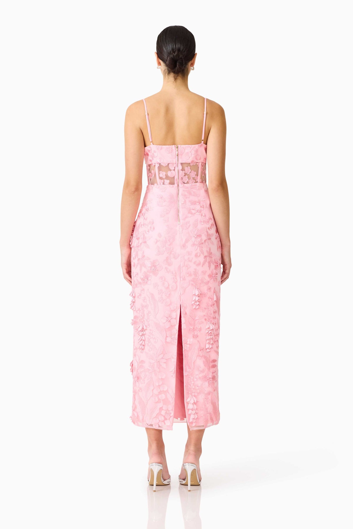 Monique Floral Applique Midi Dress in Pink