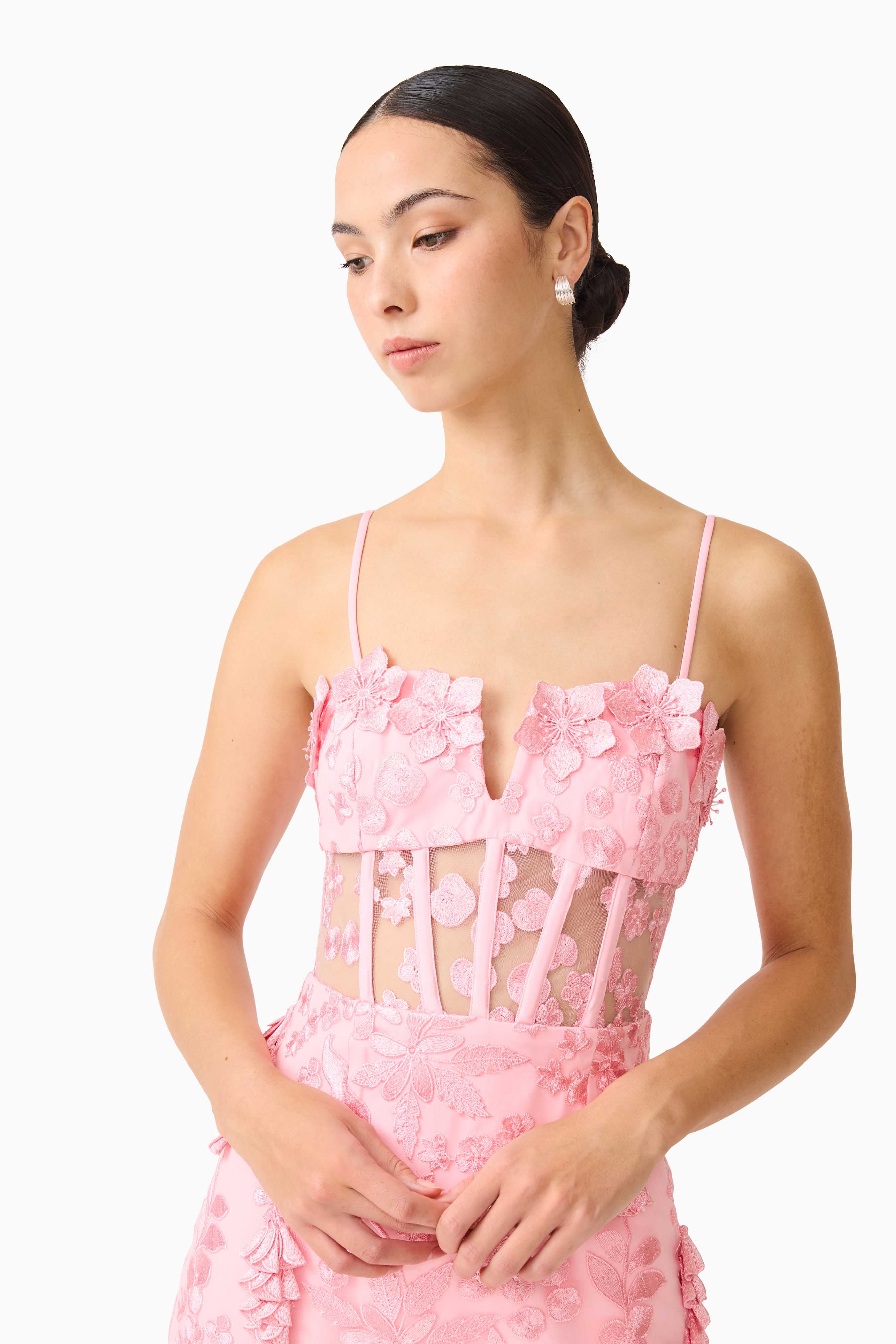 Monique Floral Applique Midi Dress in Pink