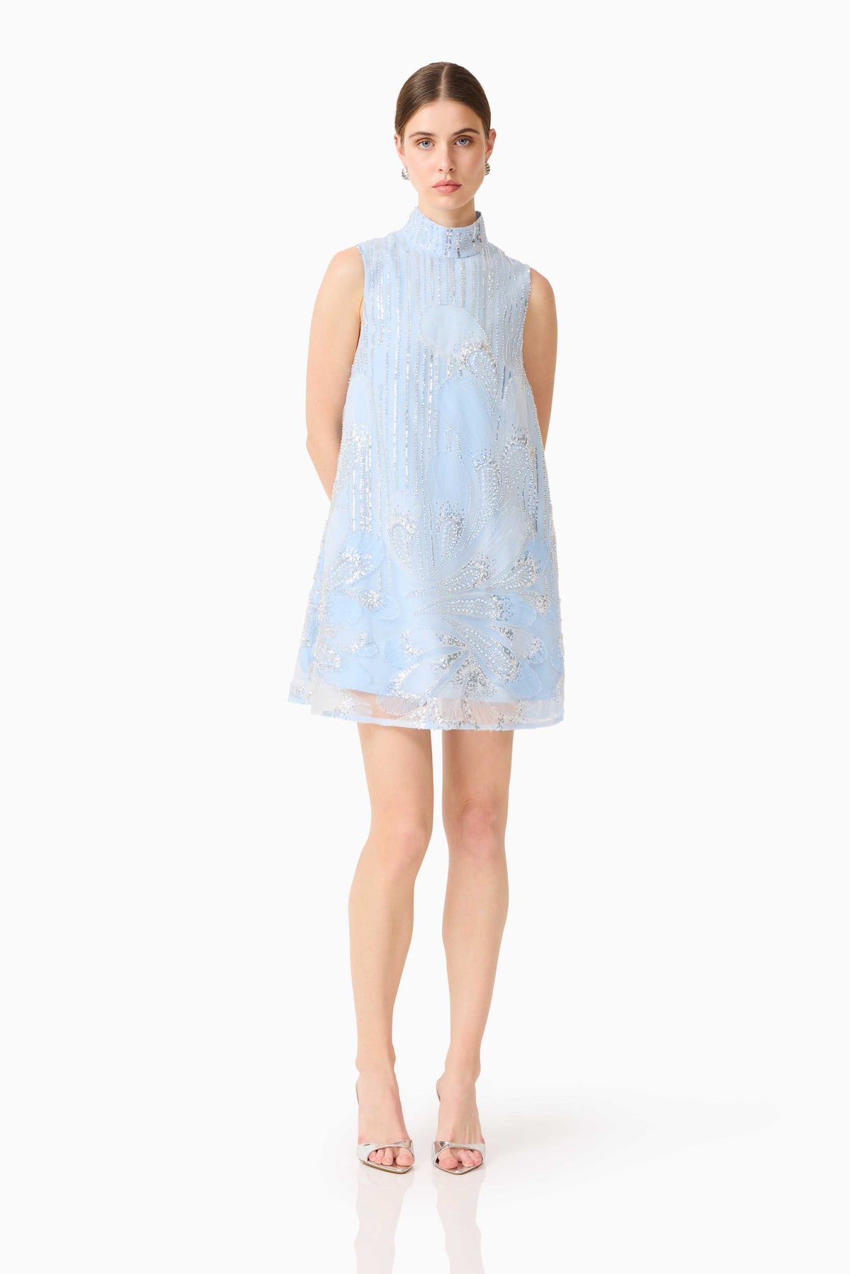 Annabelle Embellished Shift Mini Dress in Blue