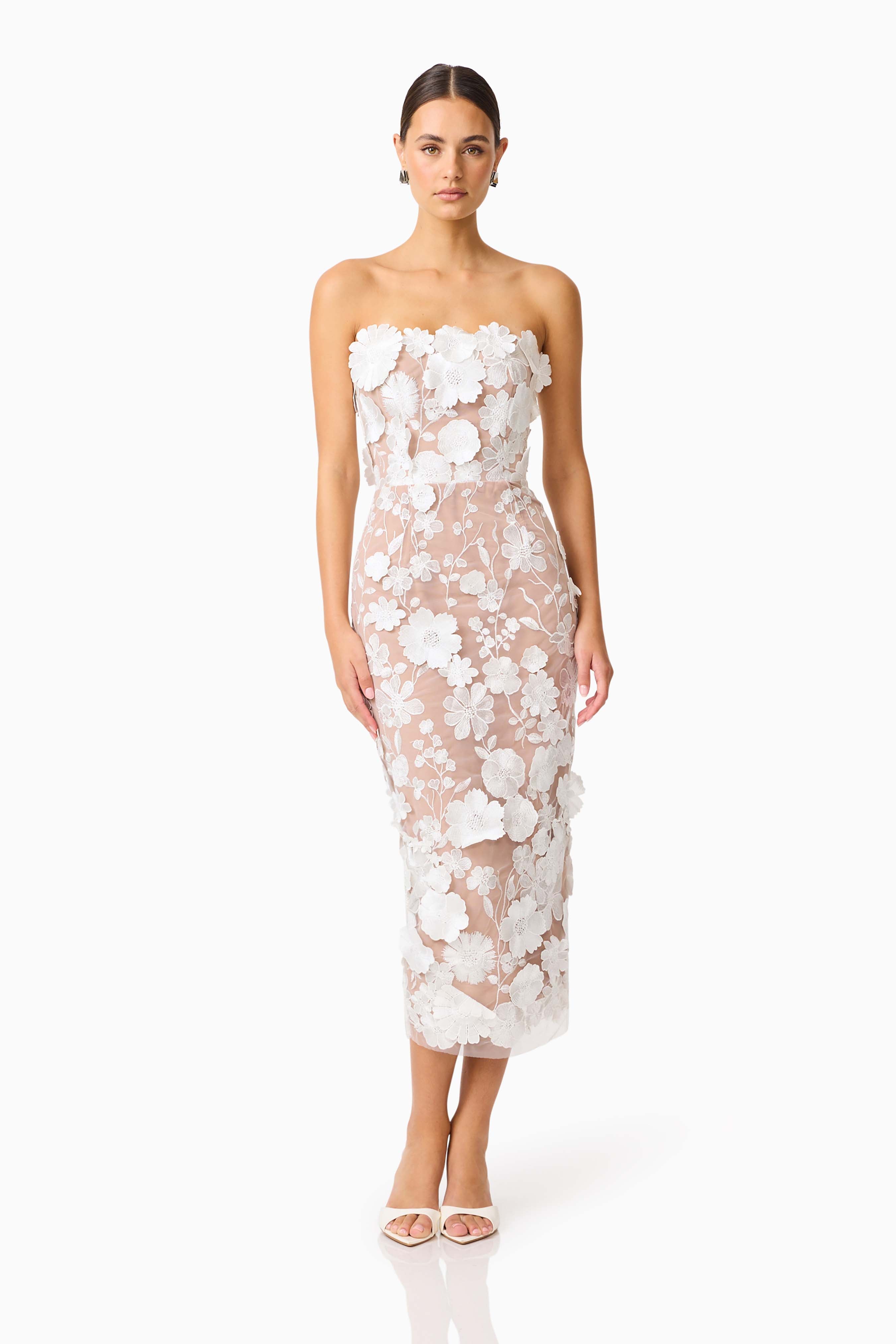 Helena Strapless Midi Dress In White