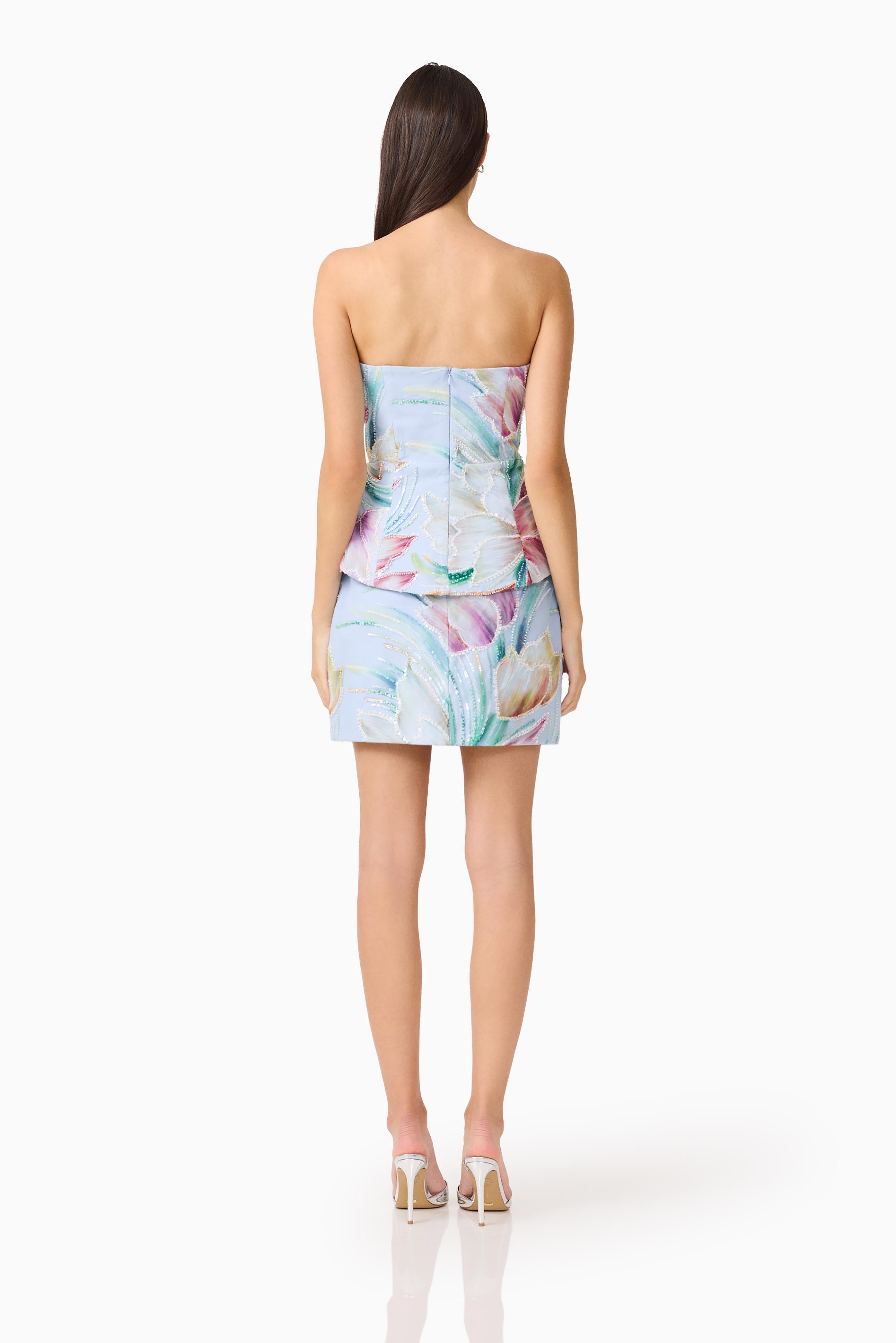 Priselle Peplum Top & Mini Skirt Set in Blue Floral