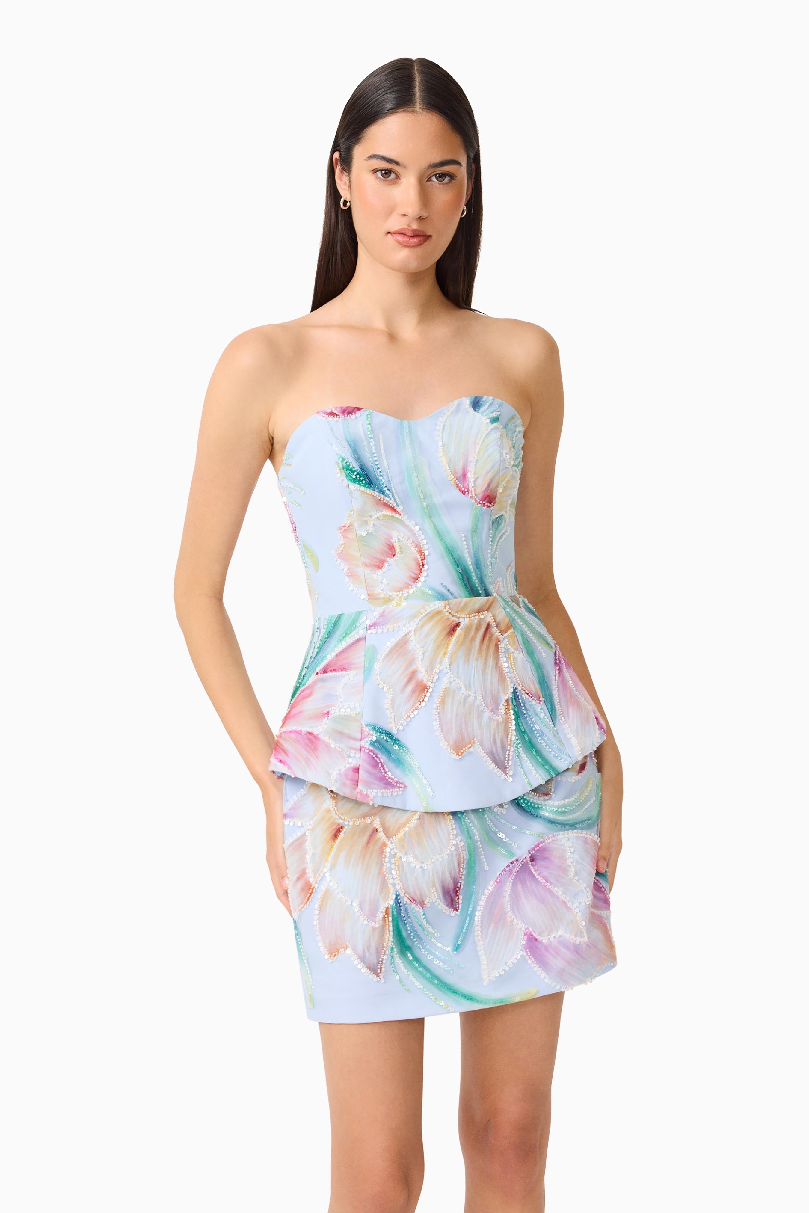 Priselle Peplum Top & Mini Skirt Set in Blue Floral