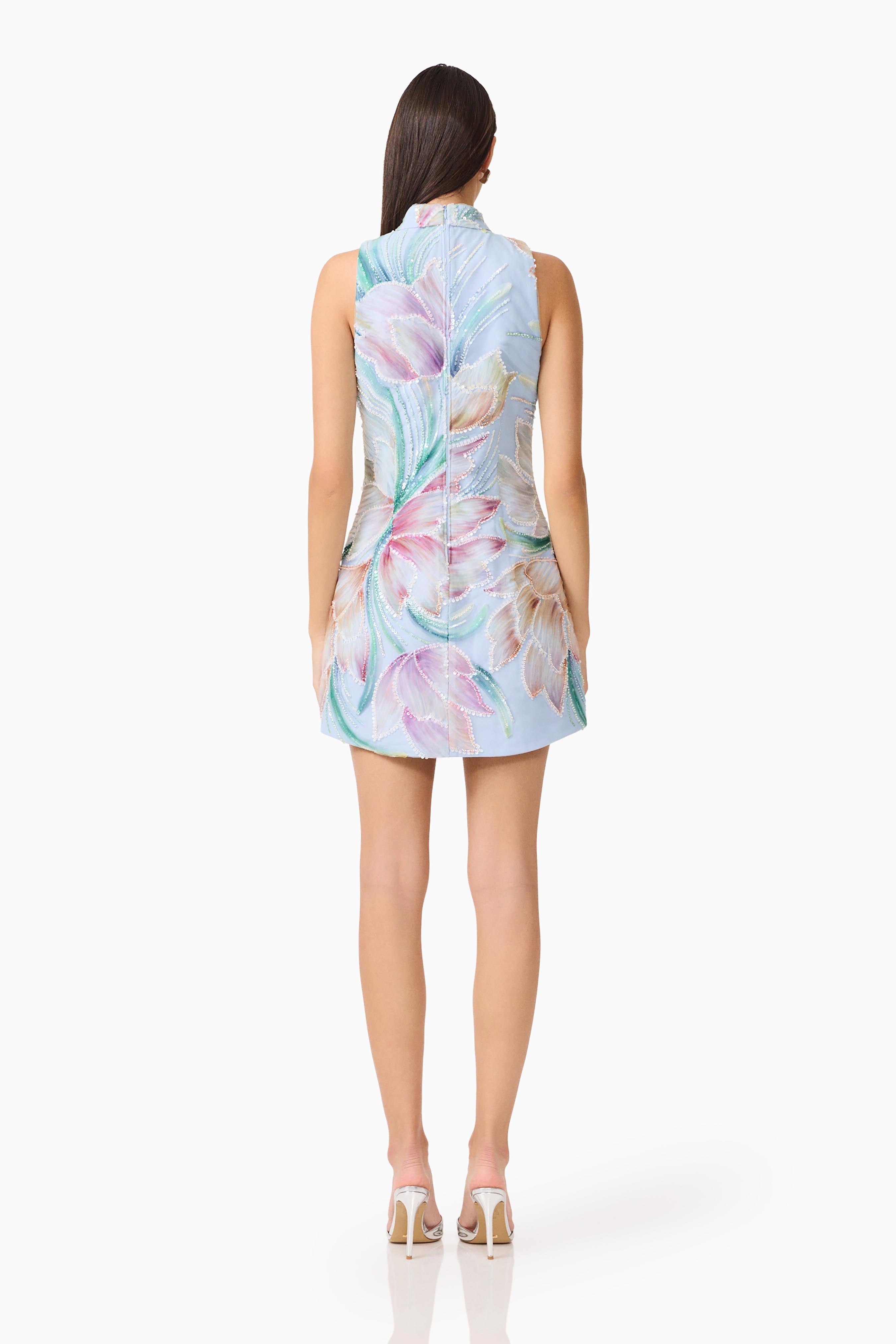 Priselle High Neck Mini Dress in Blue Floral