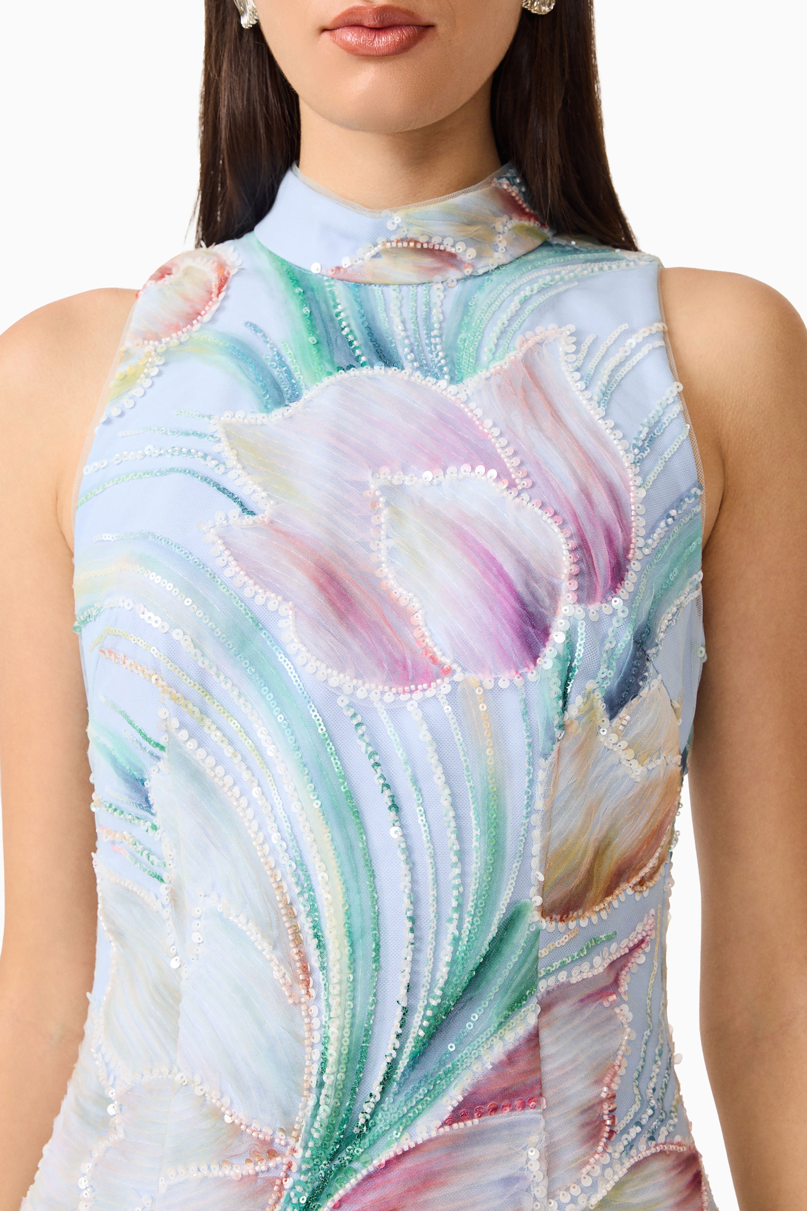 Priselle High Neck Mini Dress in Blue Floral