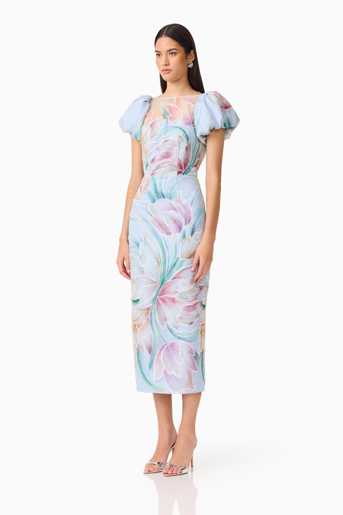 Priselle Puff Sleeve Midi Dress in Blue Floral