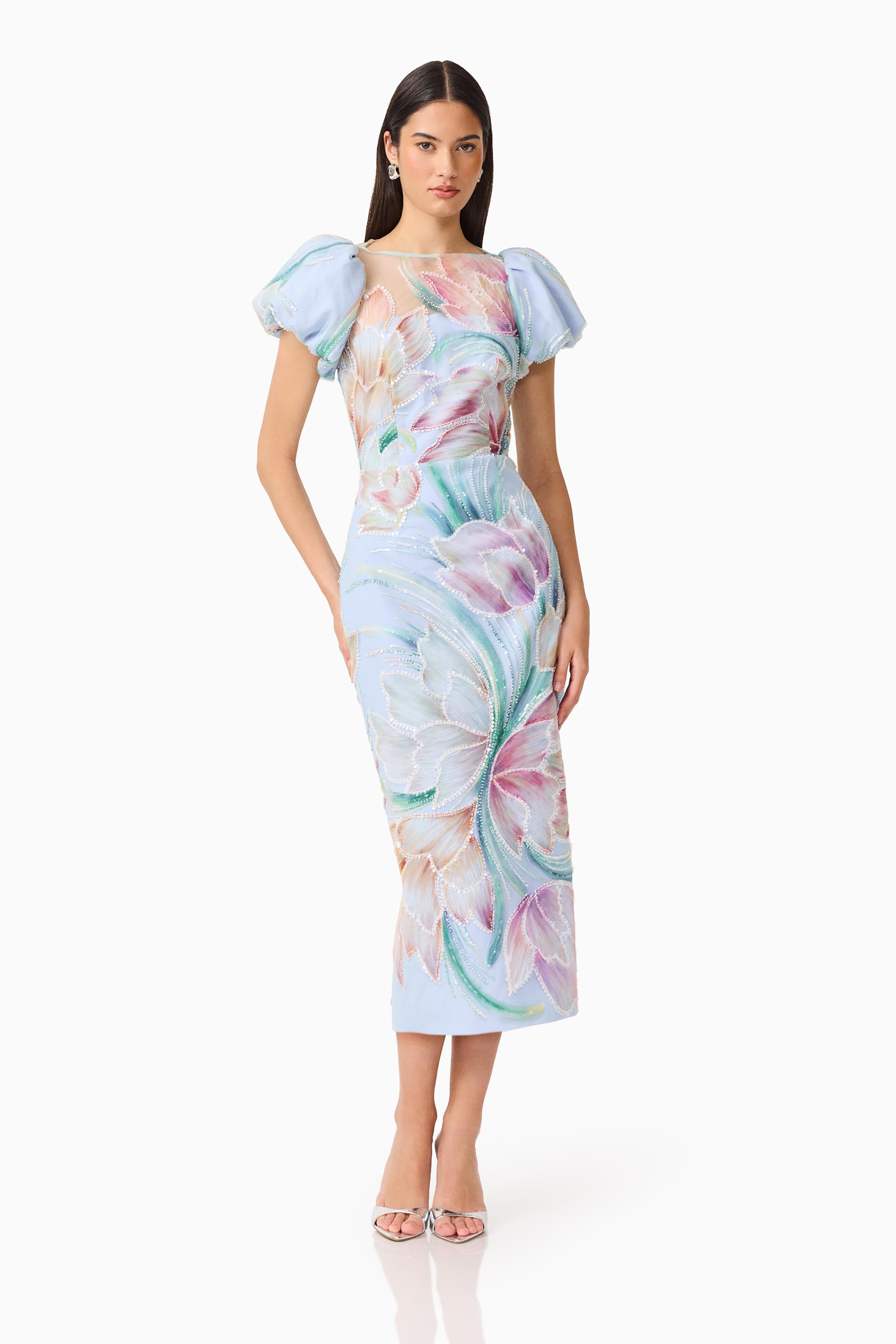 Priselle Puff Sleeve Midi Dress in Blue Floral