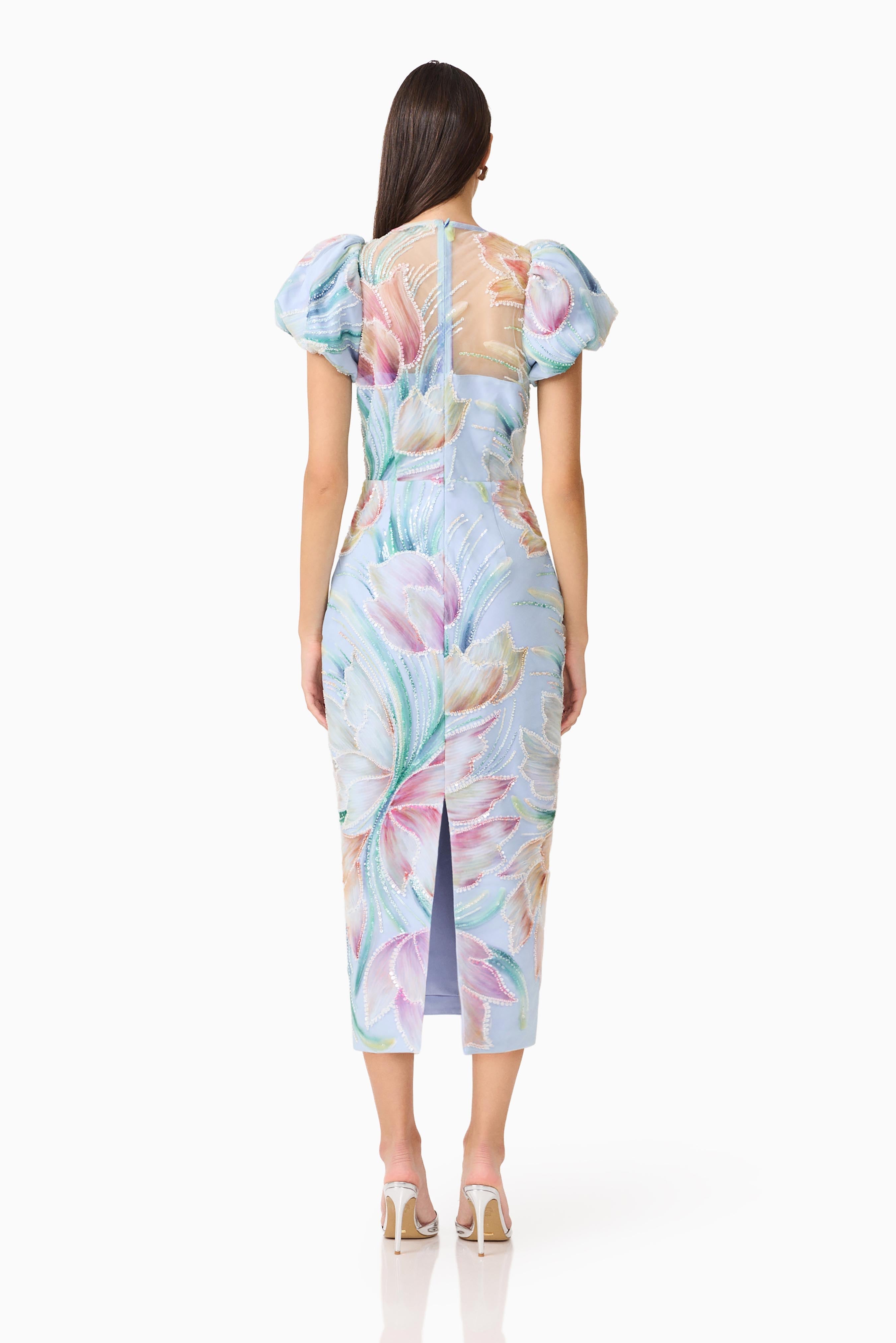 Priselle Puff Sleeve Midi Dress in Blue Floral