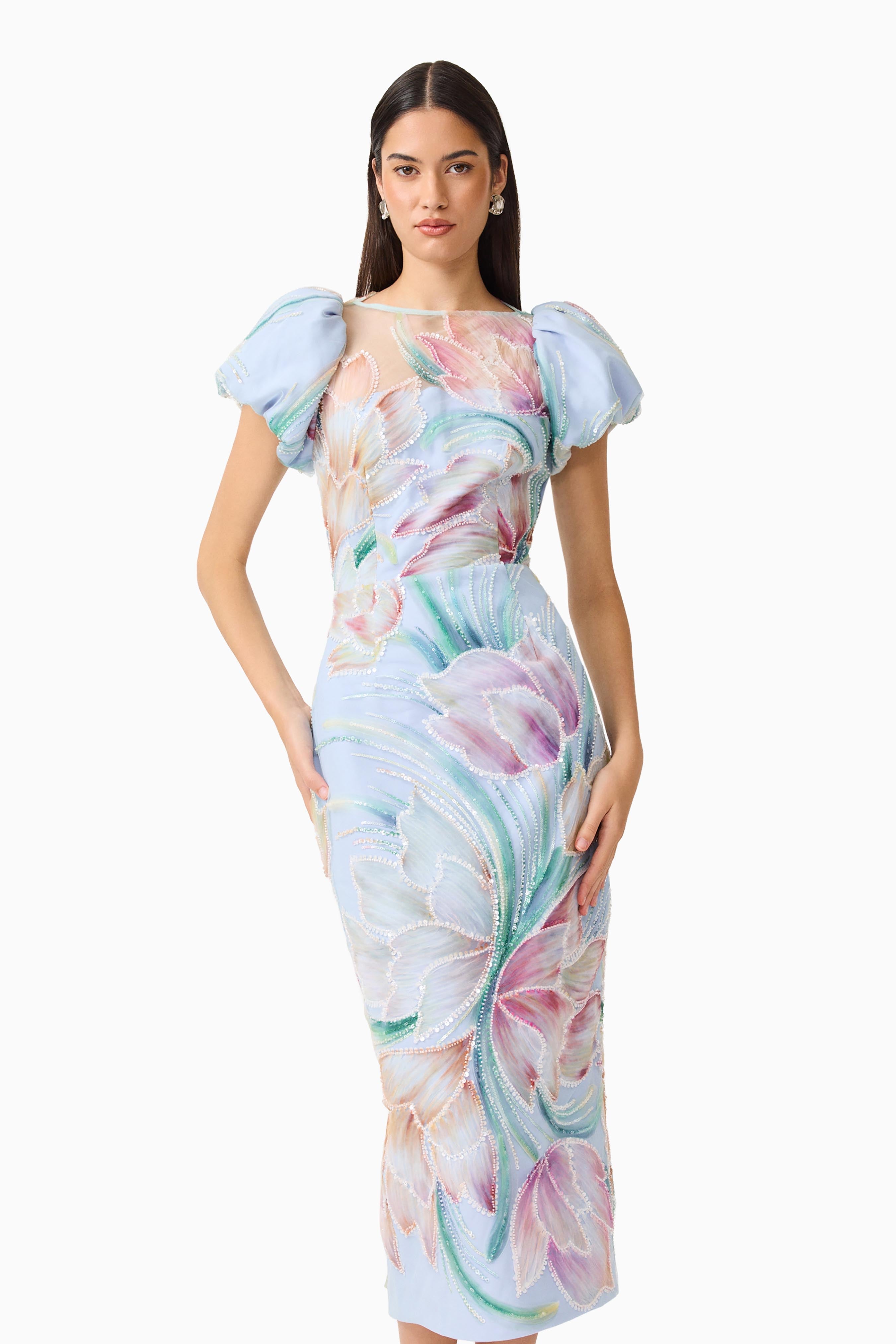 Priselle Puff Sleeve Midi Dress in Blue Floral