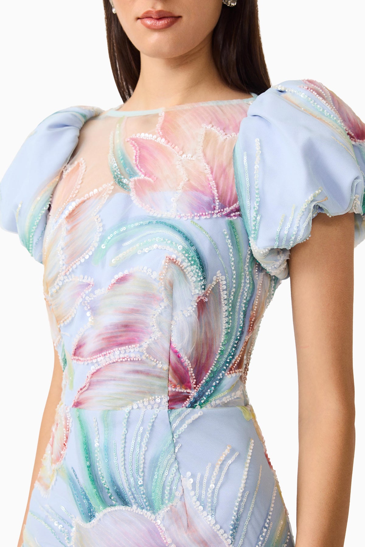 Priselle Puff Sleeve Midi Dress in Blue Floral