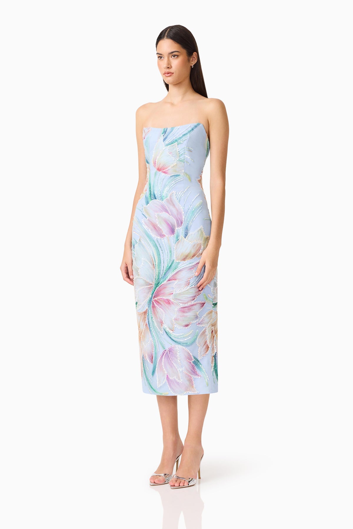 Priselle Strapless Midi Dress in Blue Floral
