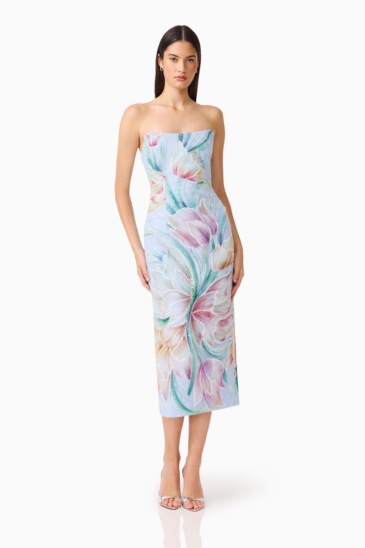 Priselle Strapless Midi Dress in Blue Floral