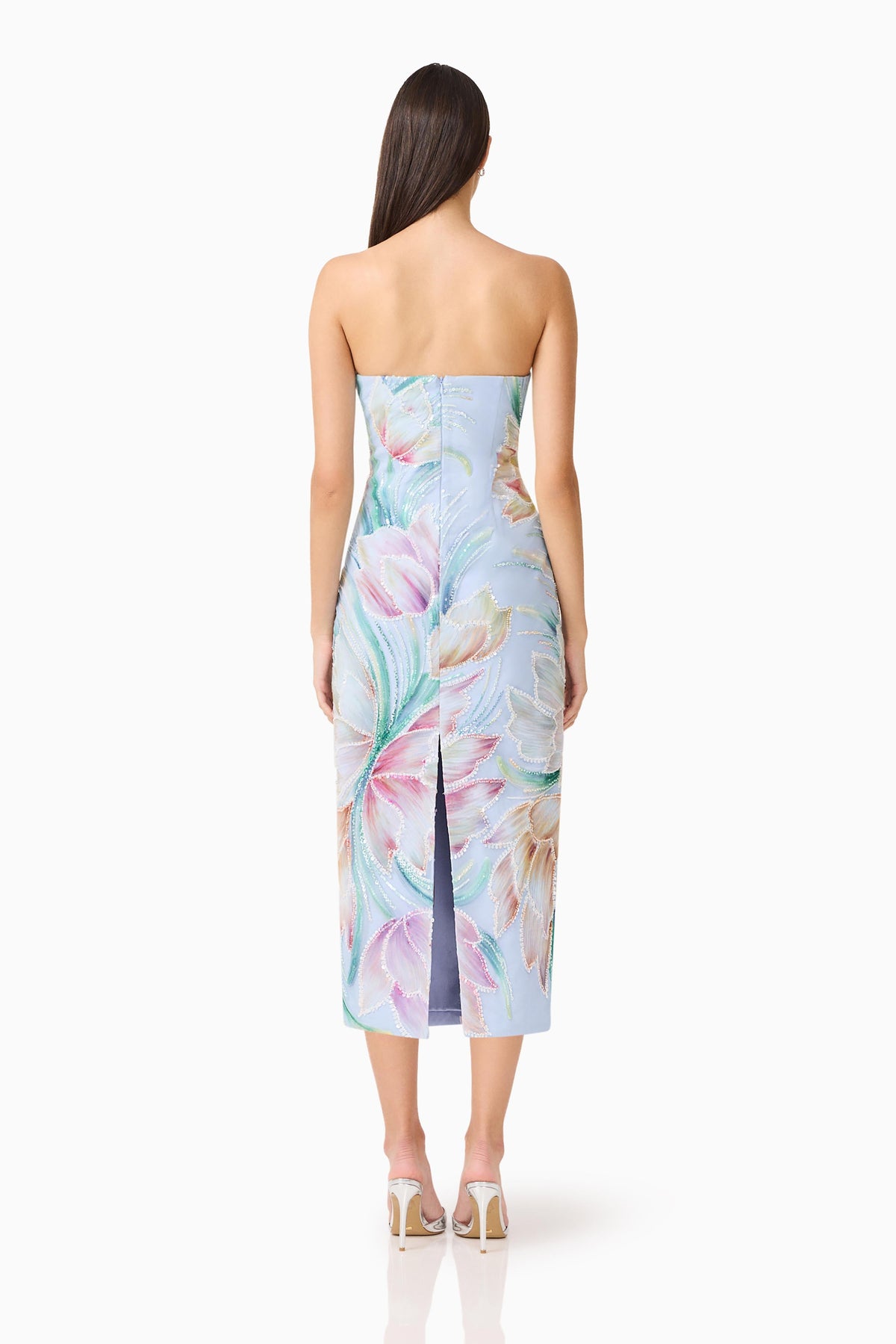 Priselle Strapless Midi Dress in Blue Floral