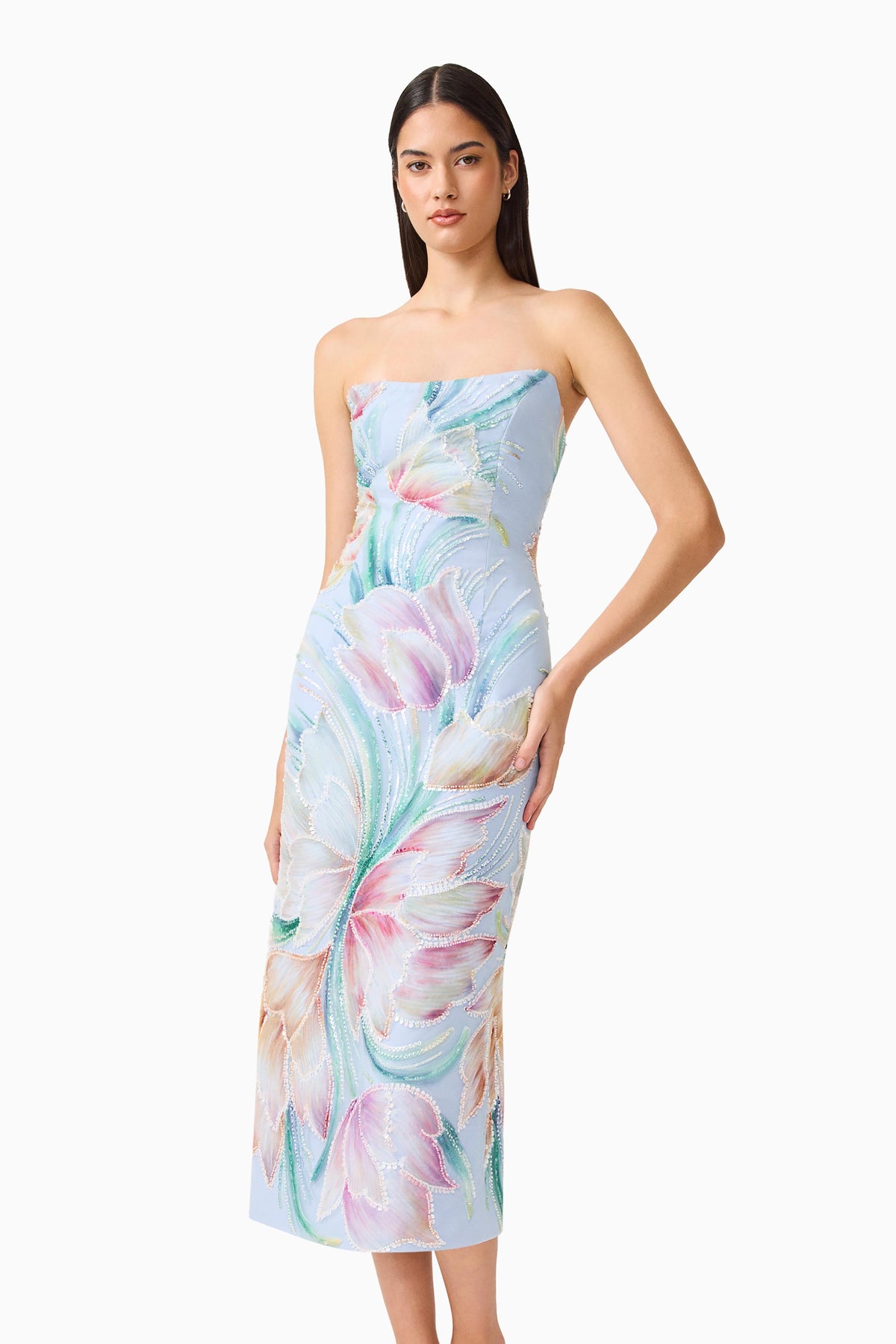 Priselle Strapless Midi Dress in Blue Floral