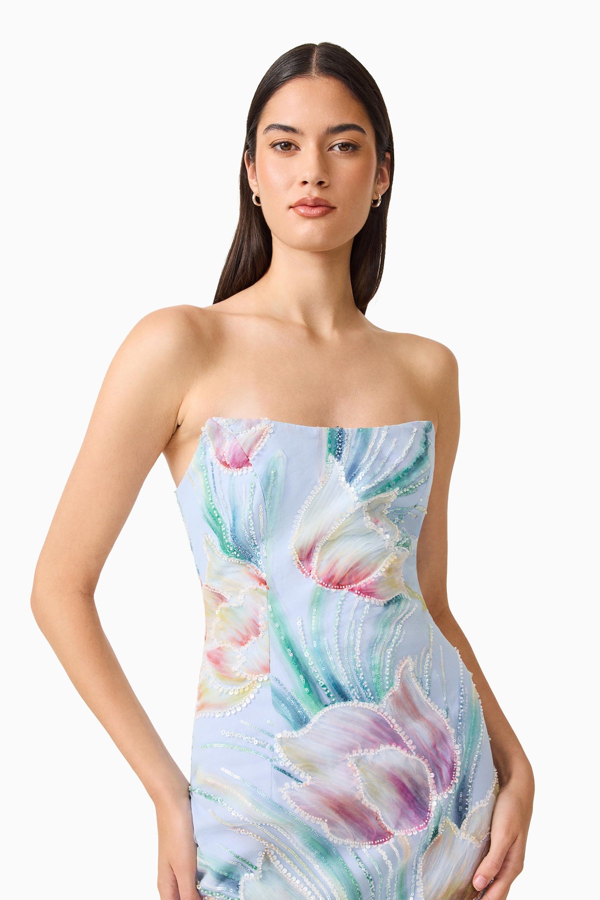 Priselle Strapless Midi Dress in Blue Floral