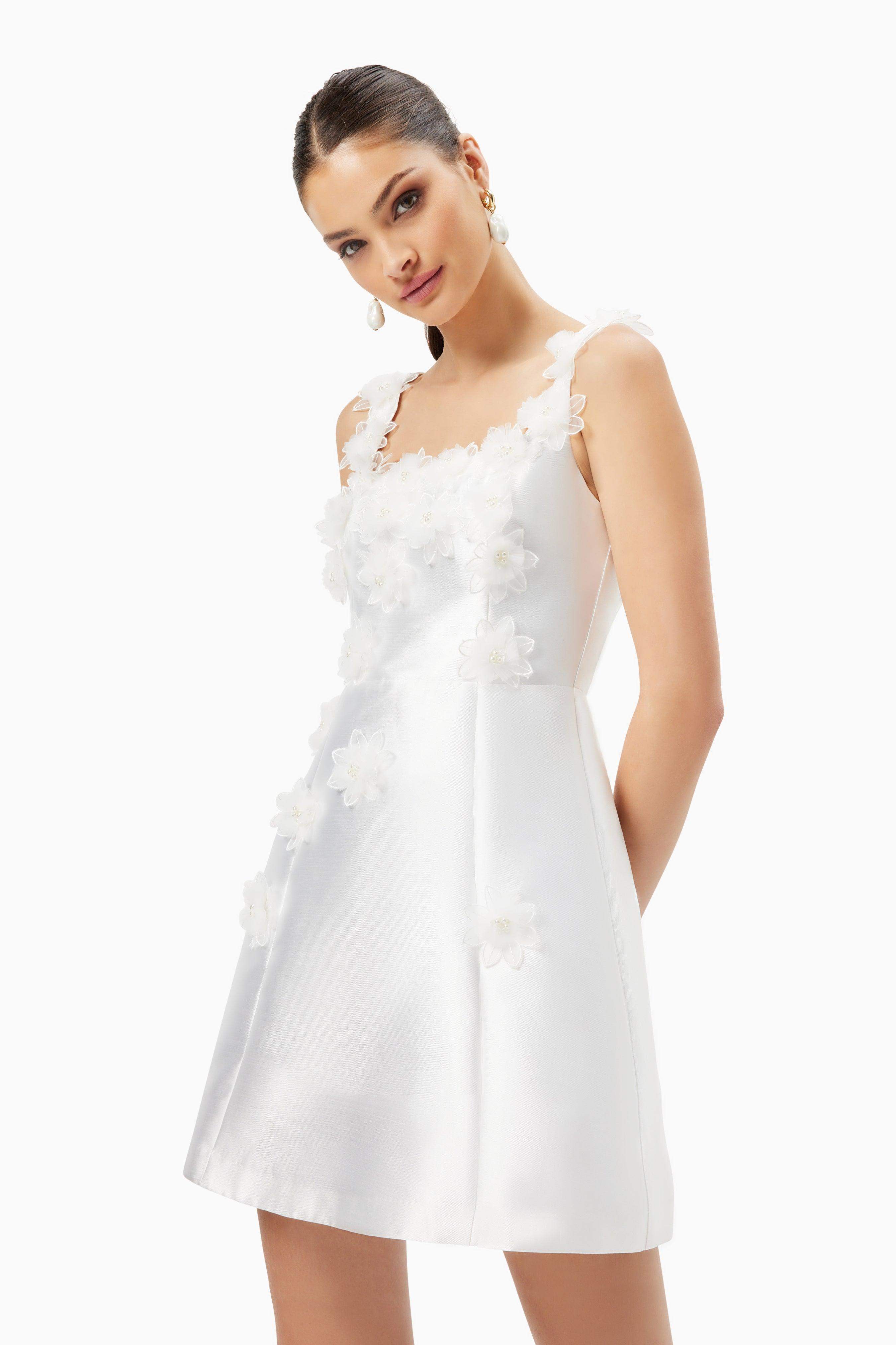 Elder Floral Decal Applique Mini Dress In White