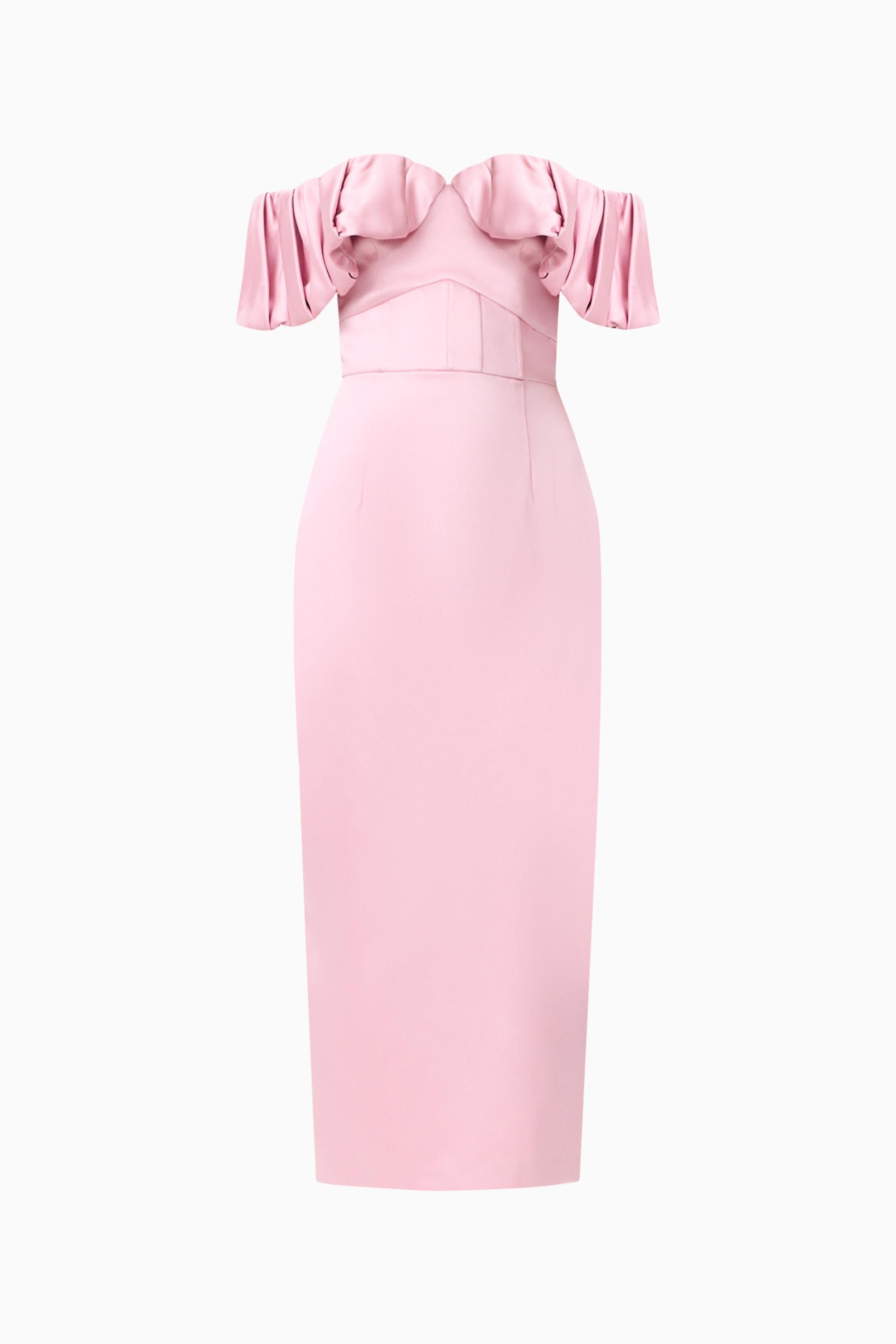 Espera Off Shoulder Midi Dress in Rose Pink