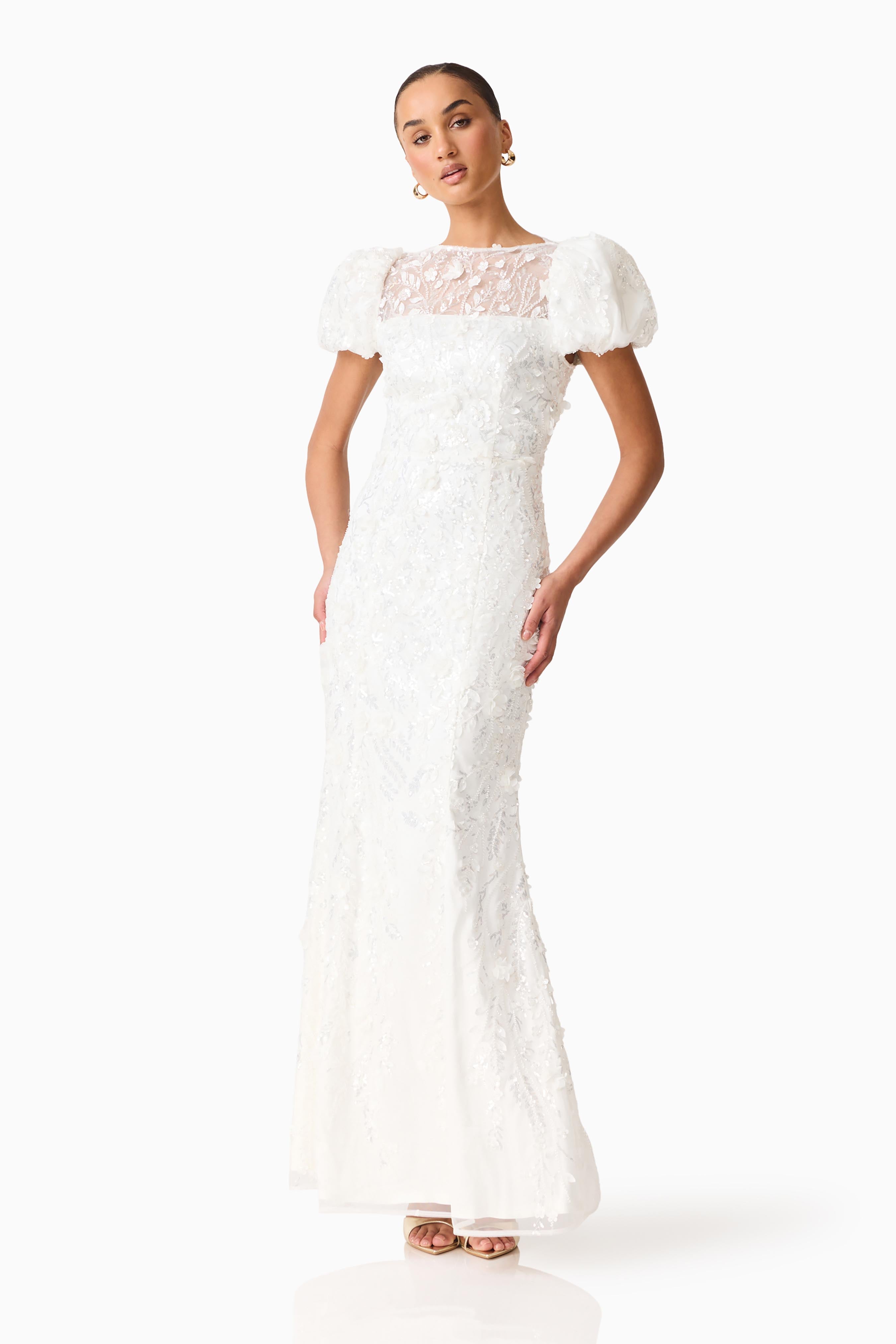 Rina Beaded Puff Sleeve Gown in White