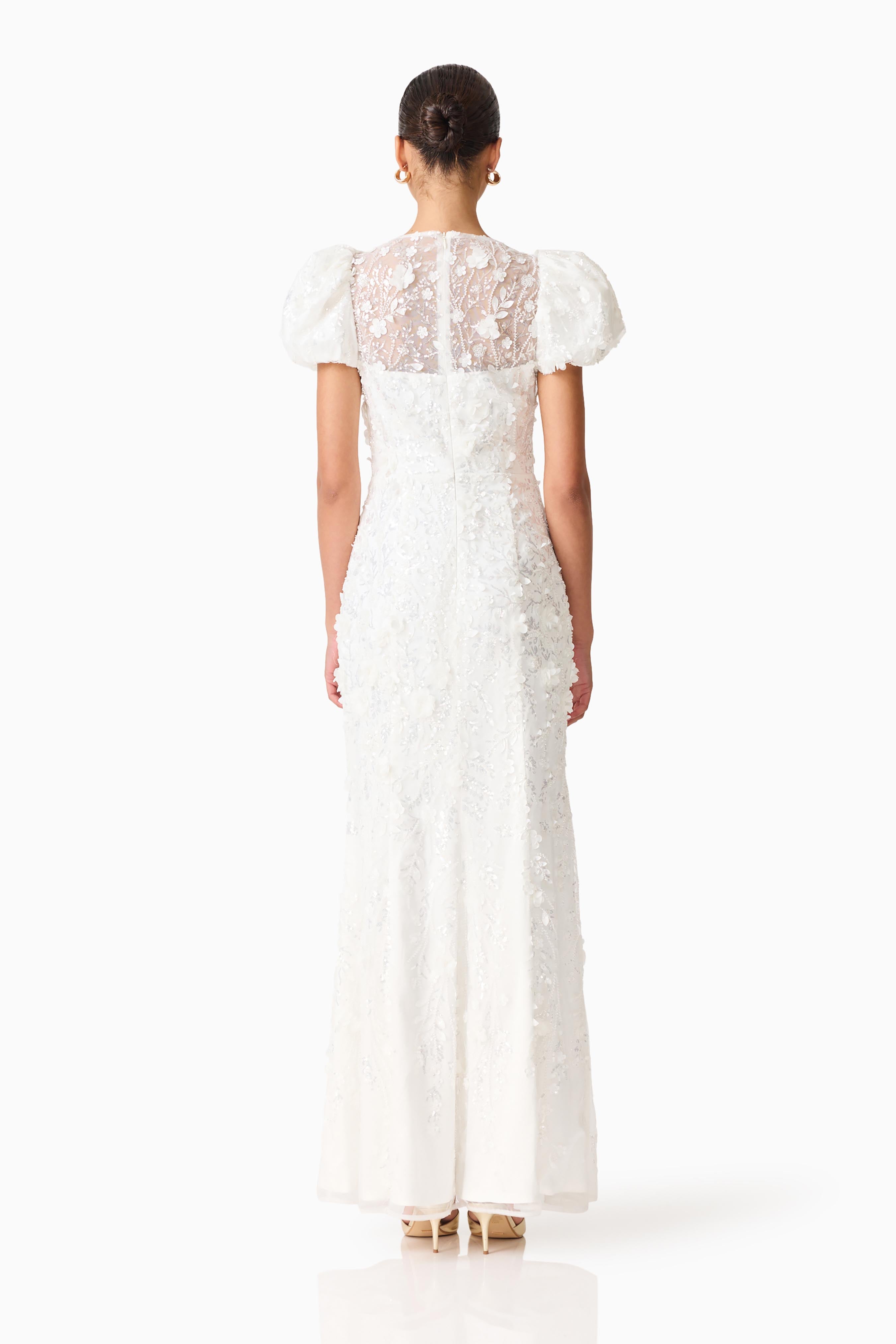 Rina Beaded Puff Sleeve Gown in White