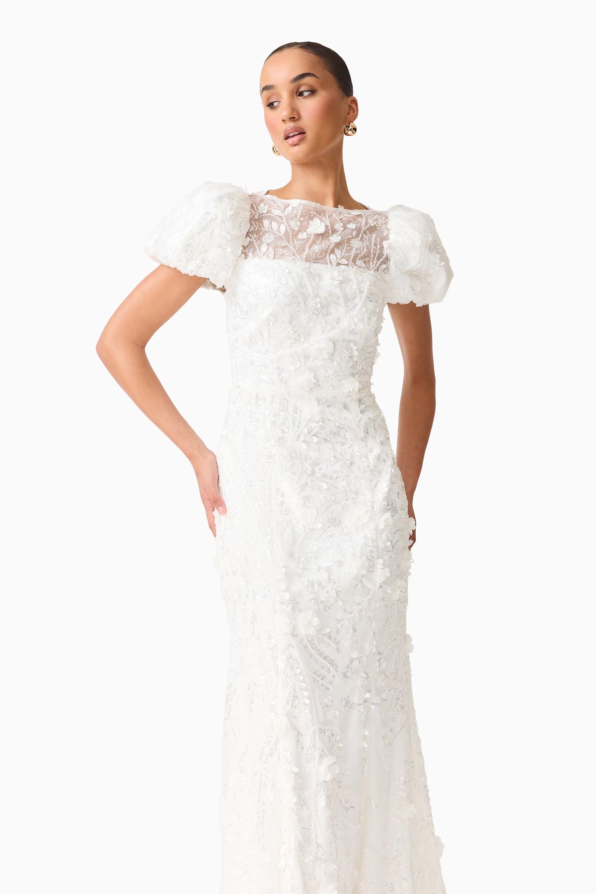 Rina Beaded Puff Sleeve Gown in White