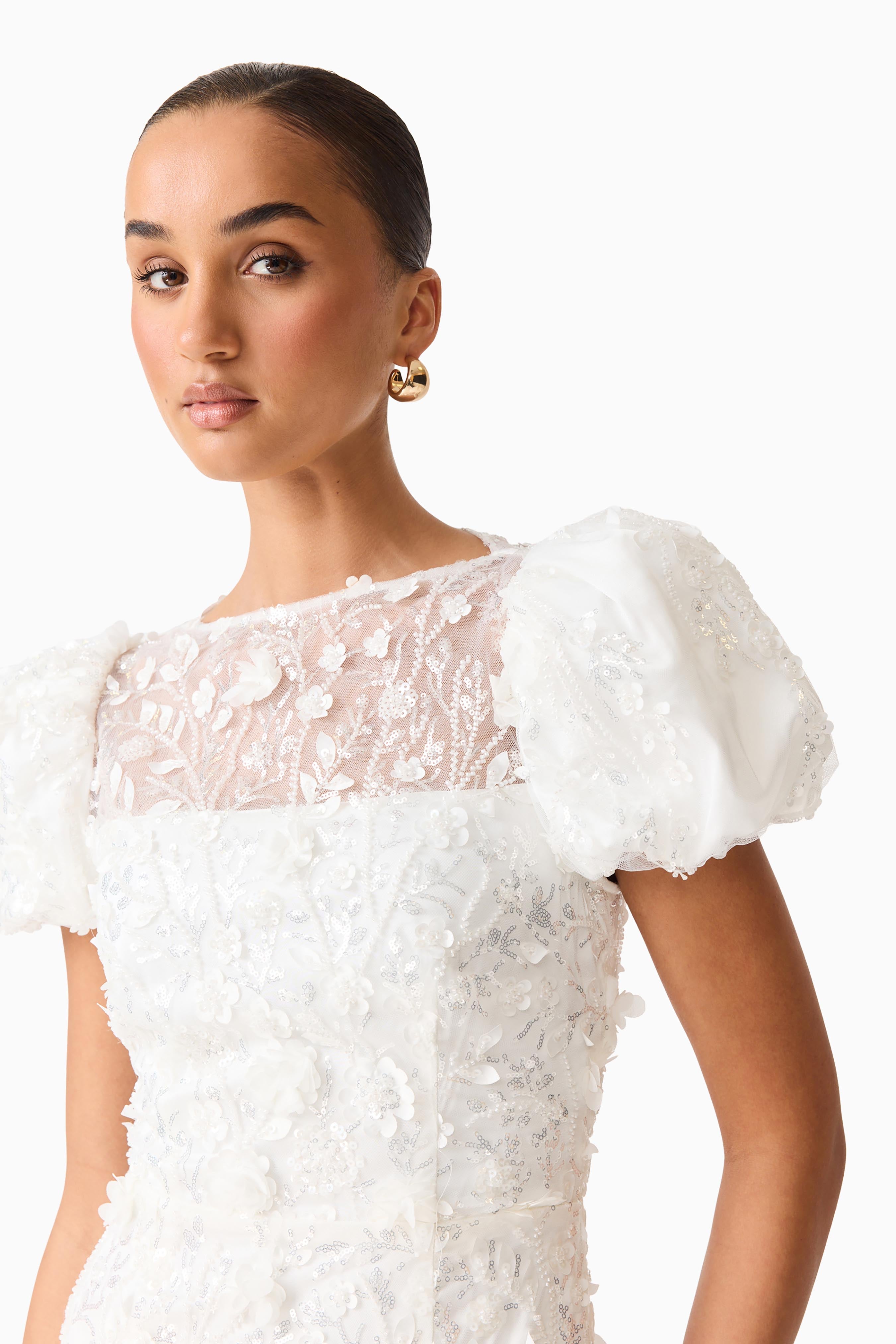 Rina Beaded Puff Sleeve Gown in White