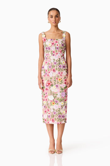 Neve Applique Midi Dress in Pink Floral