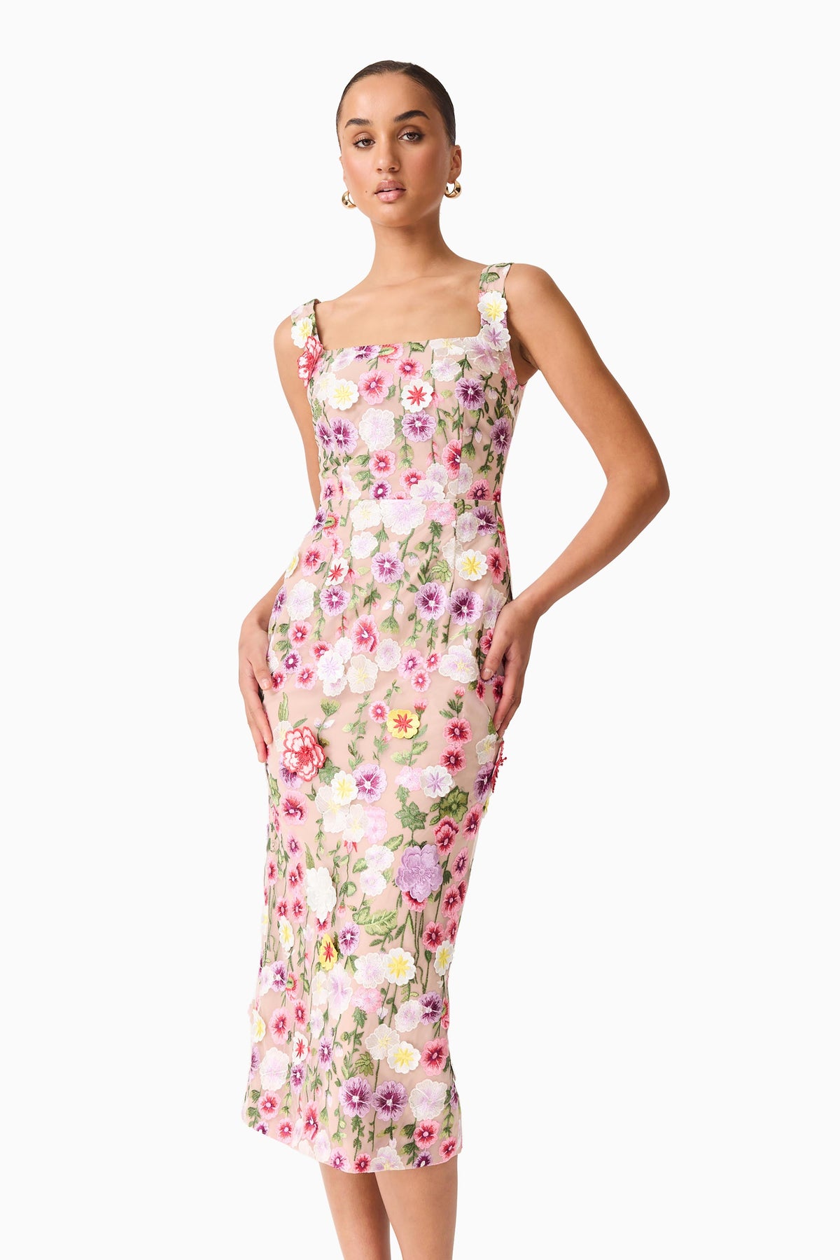 Neve Applique Midi Dress in Pink Floral