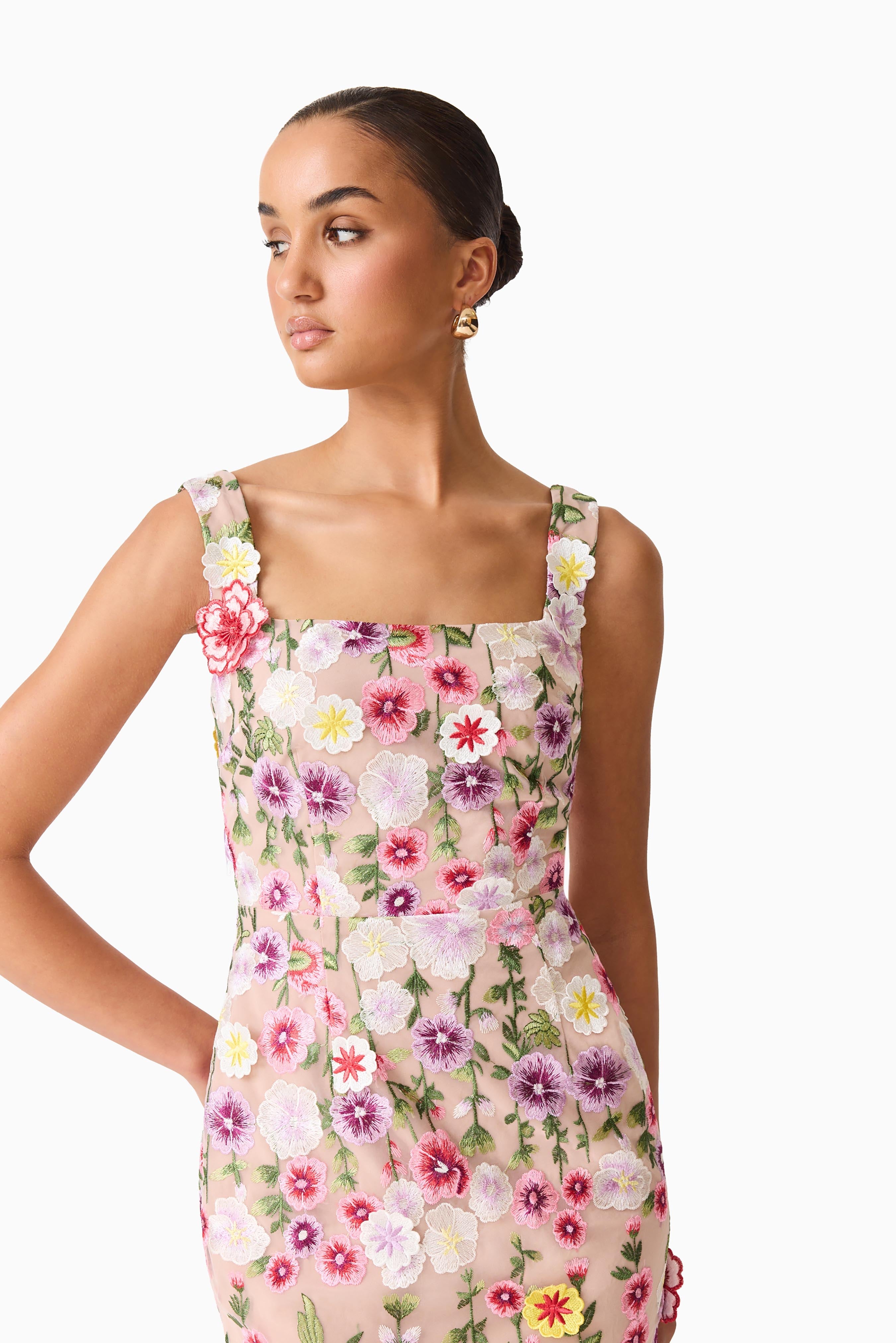 Neve Applique Midi Dress in Pink Floral