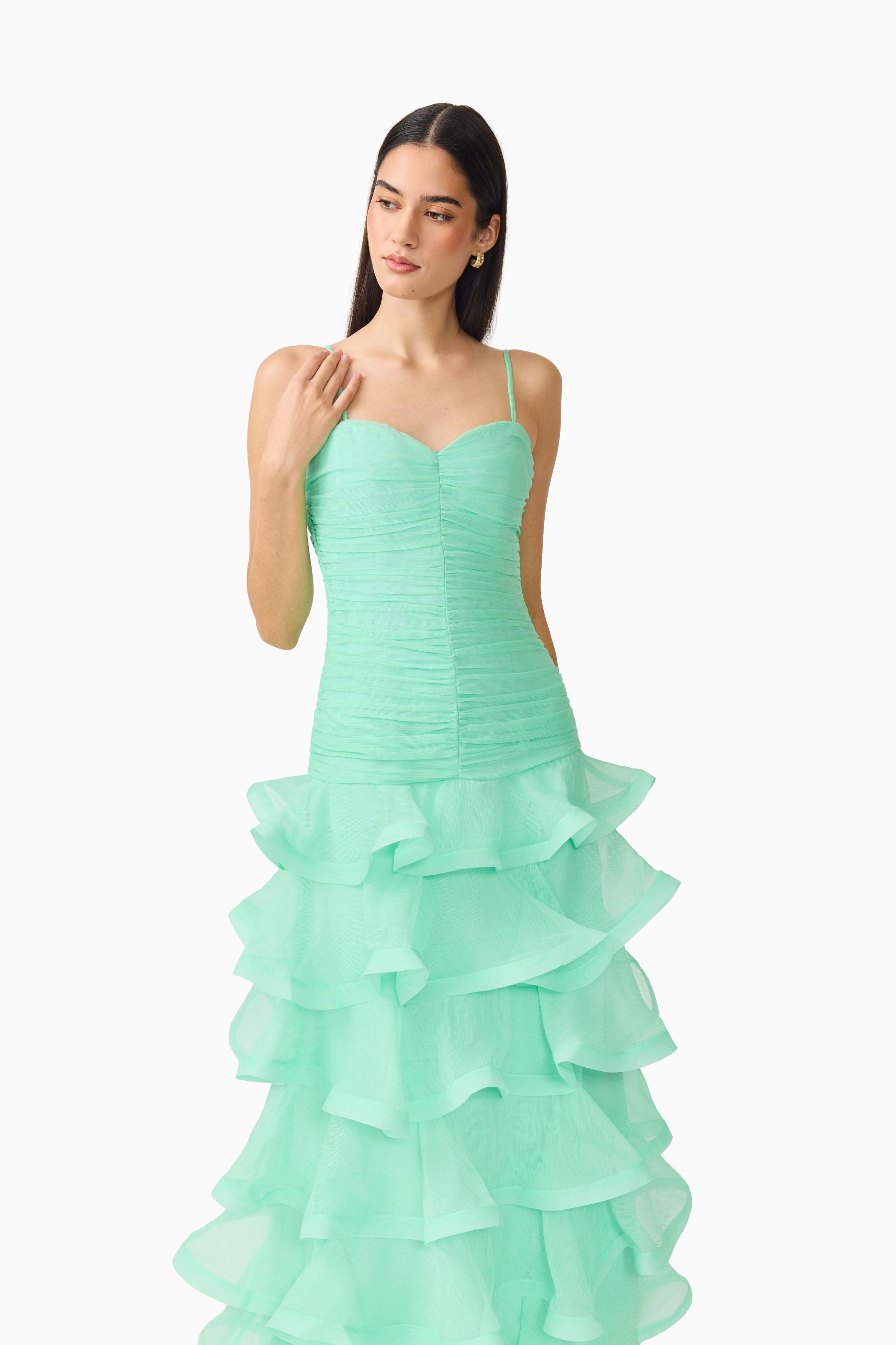 Evelin Tiered Gown in Mint Green