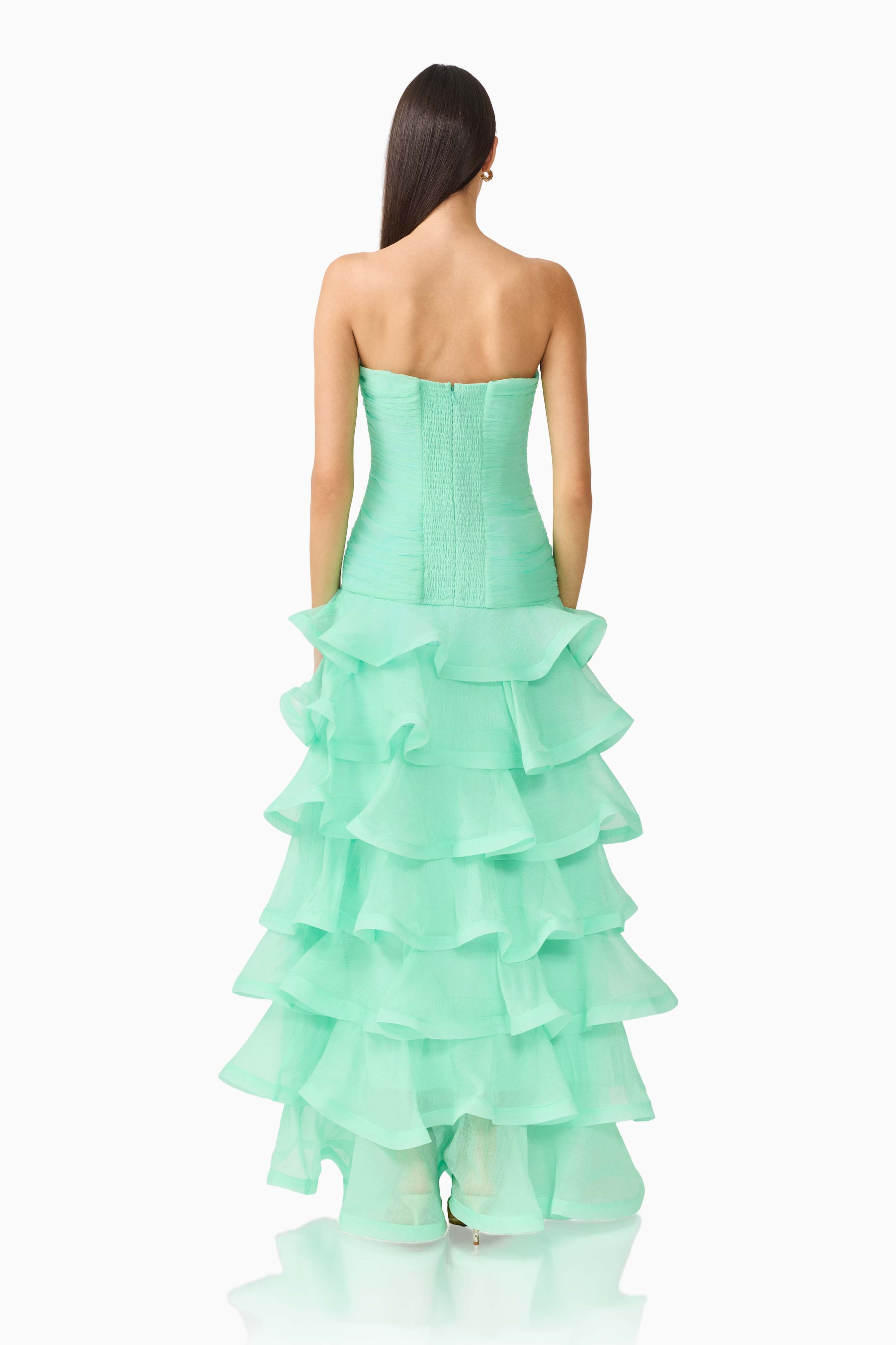 Evelin Tiered Gown in Mint Green