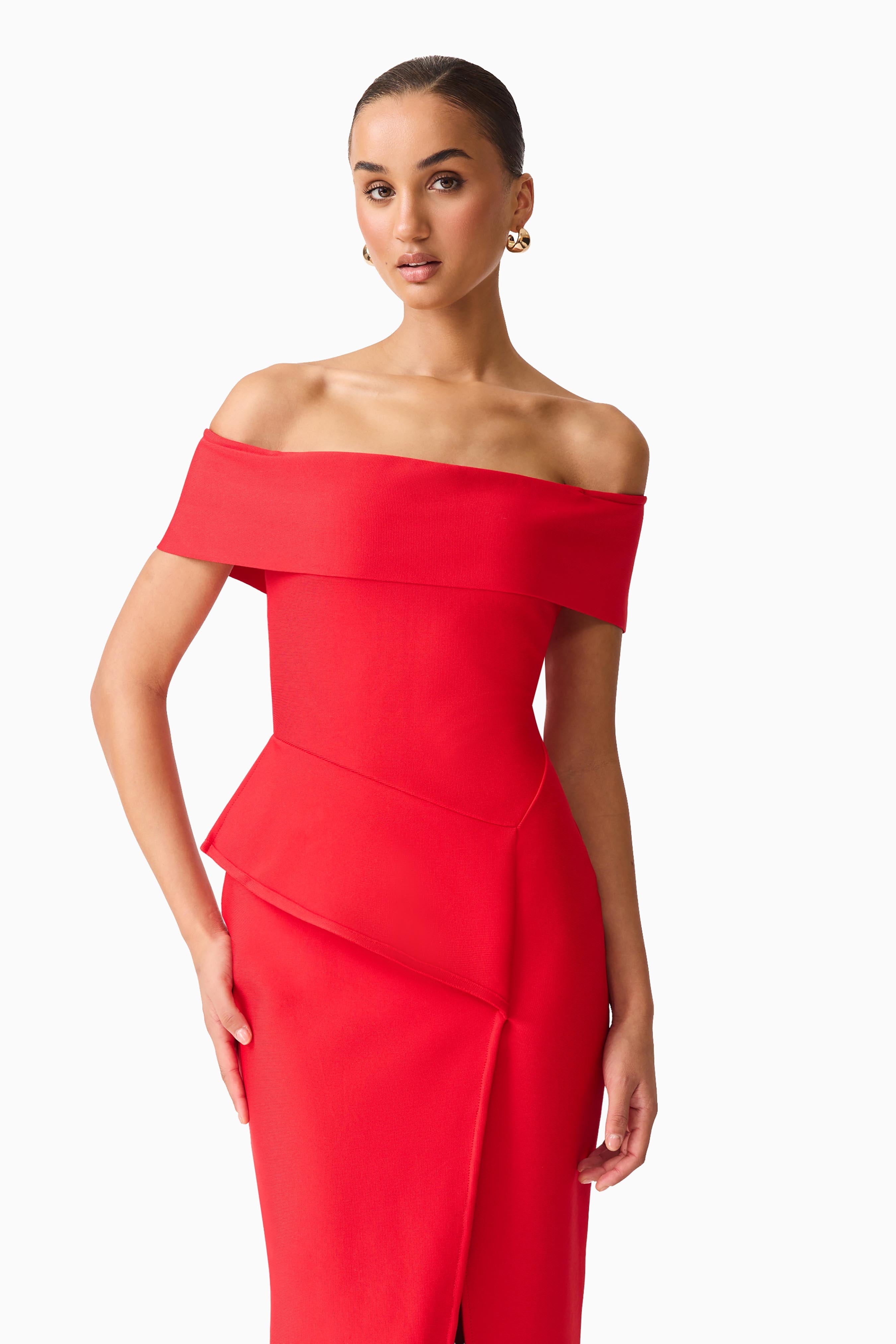 Celia Off Shoulder Gown in Red