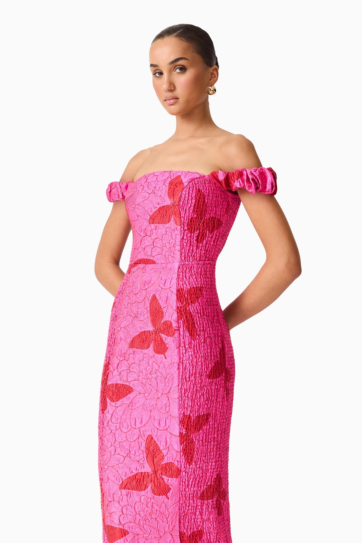 Lorena Jacquard Off Shoulder Midi Dress in Pink