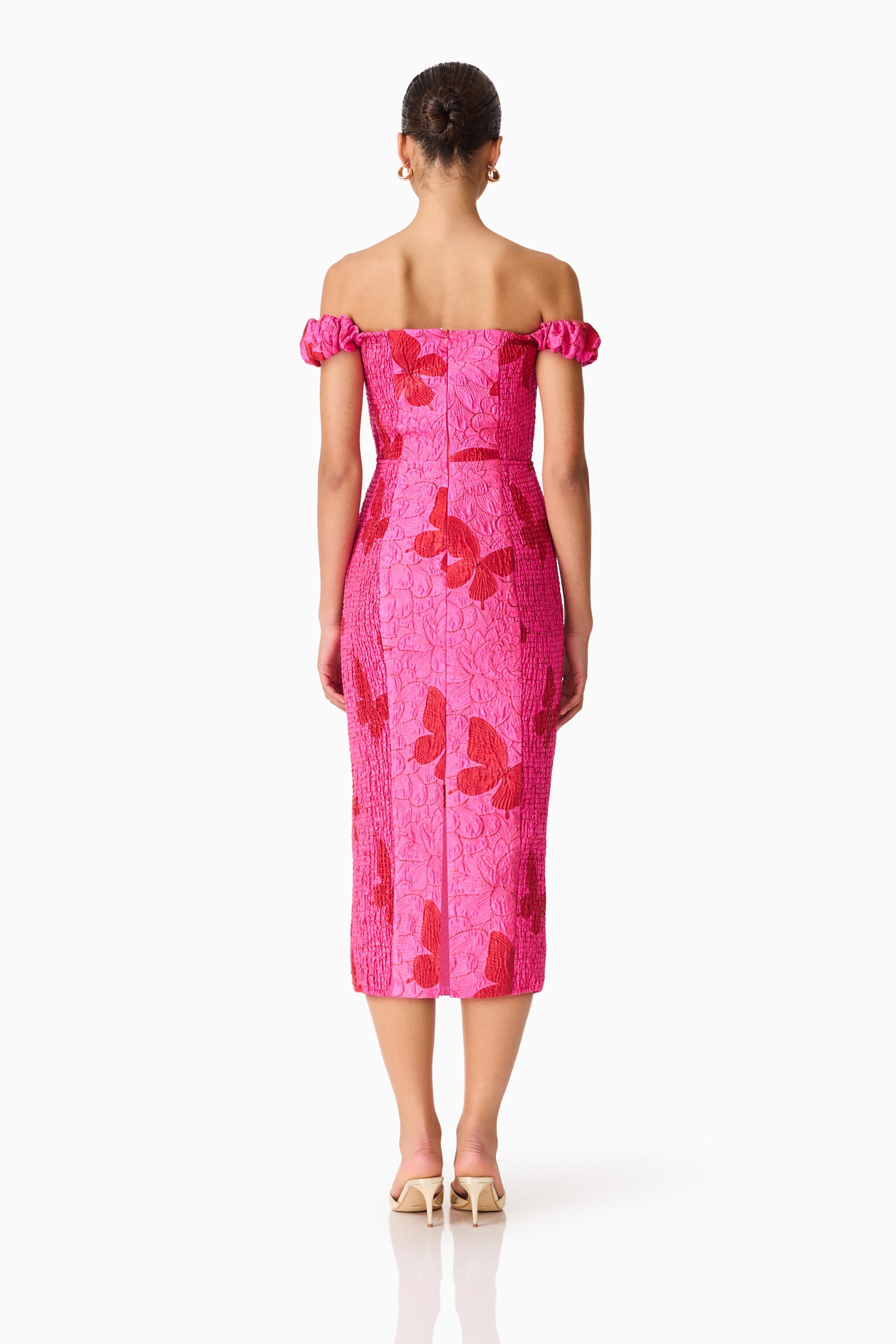 Lorena Jacquard Off Shoulder Midi Dress in Pink