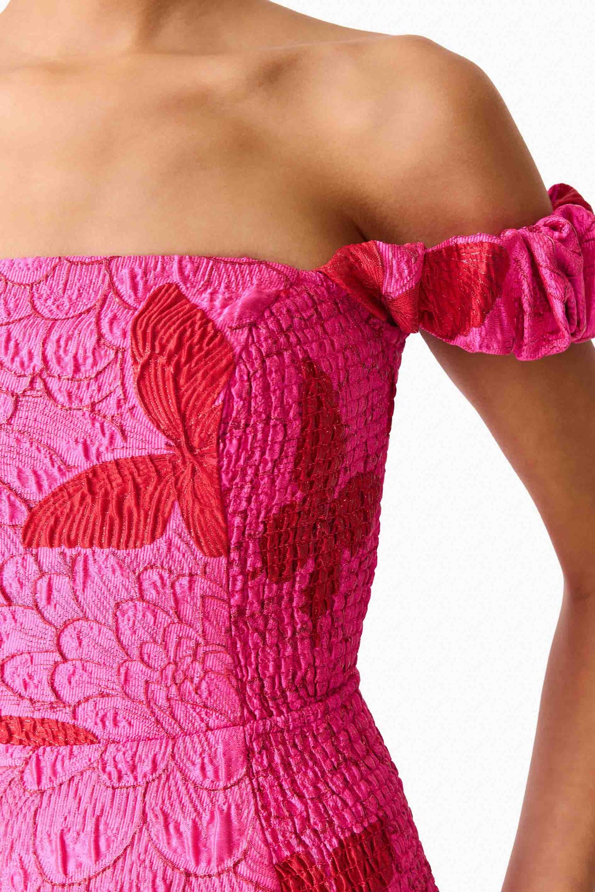 Lorena Jacquard Off Shoulder Midi Dress in Pink