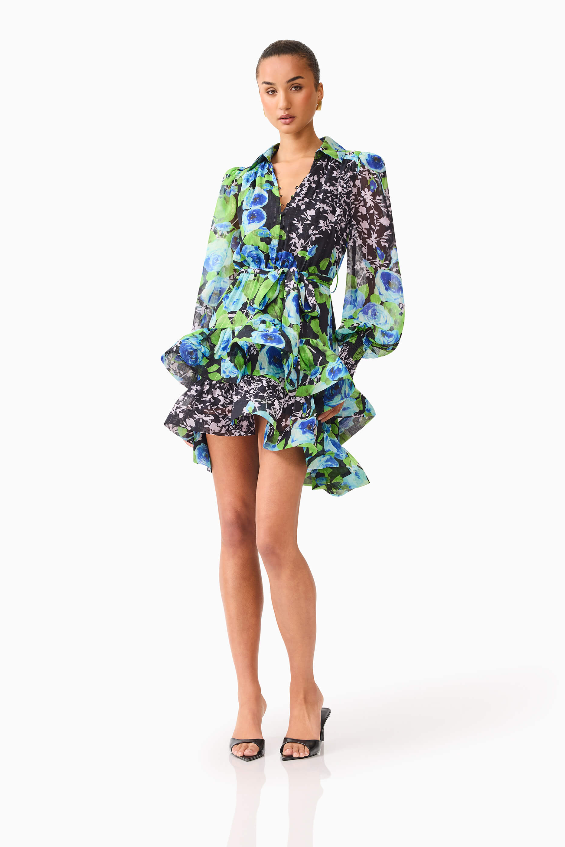 Briony Long Sleeve Mini Dress in Black Floral