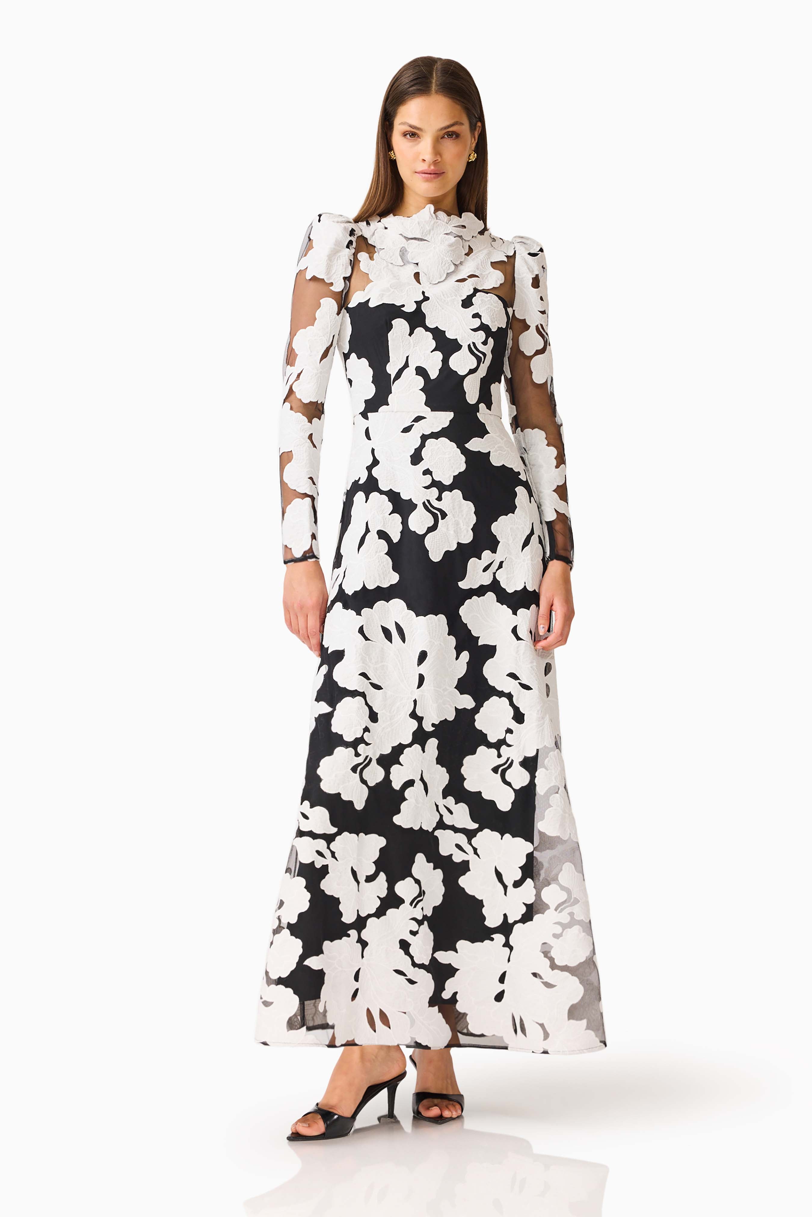 Bloomnoir Long Sleeve Maxi Dress in Black & White