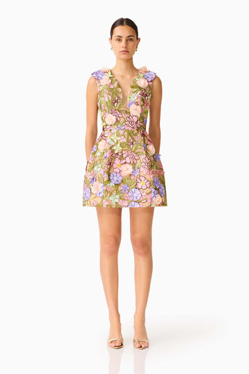 Fiora Tulip Mini Dress in Green & Pink Floral