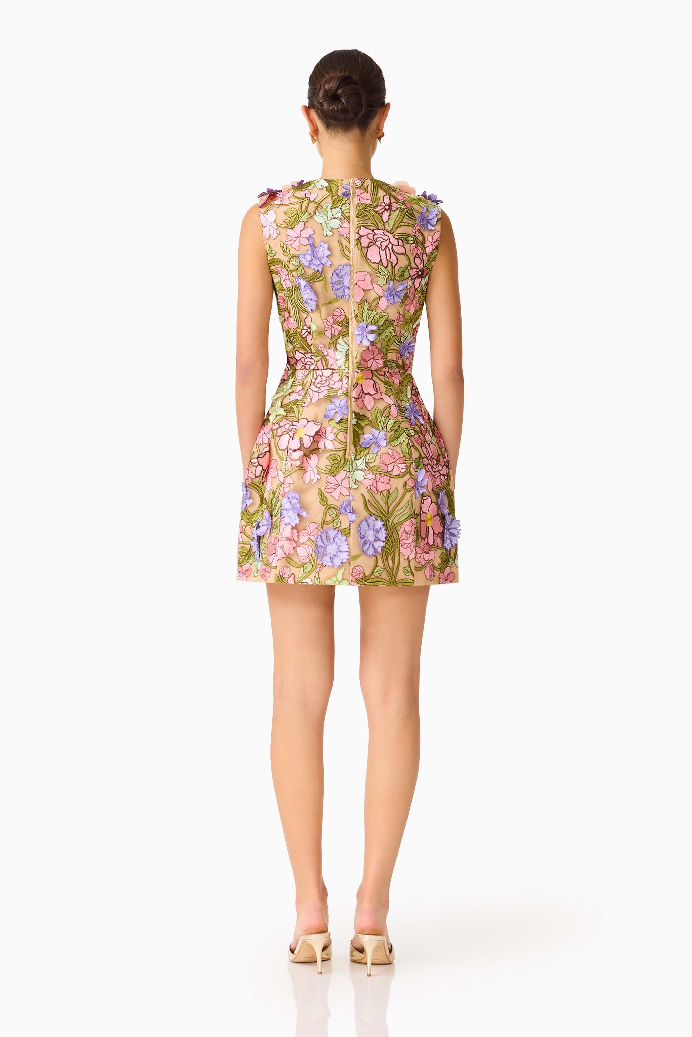 Fiora Tulip Mini Dress in Green & Pink Floral