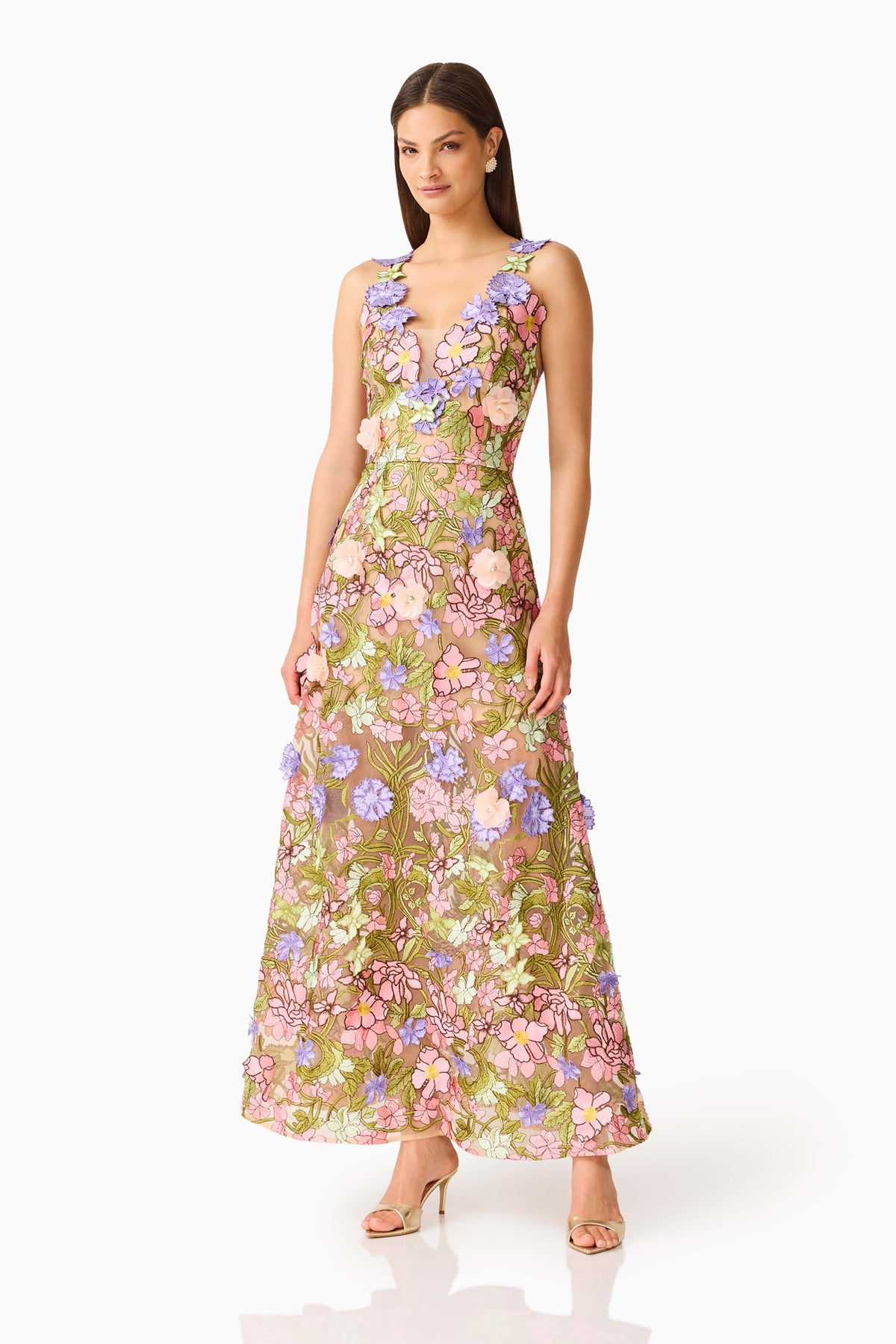 Fiora A-Line Gown in Green & Pink Floral