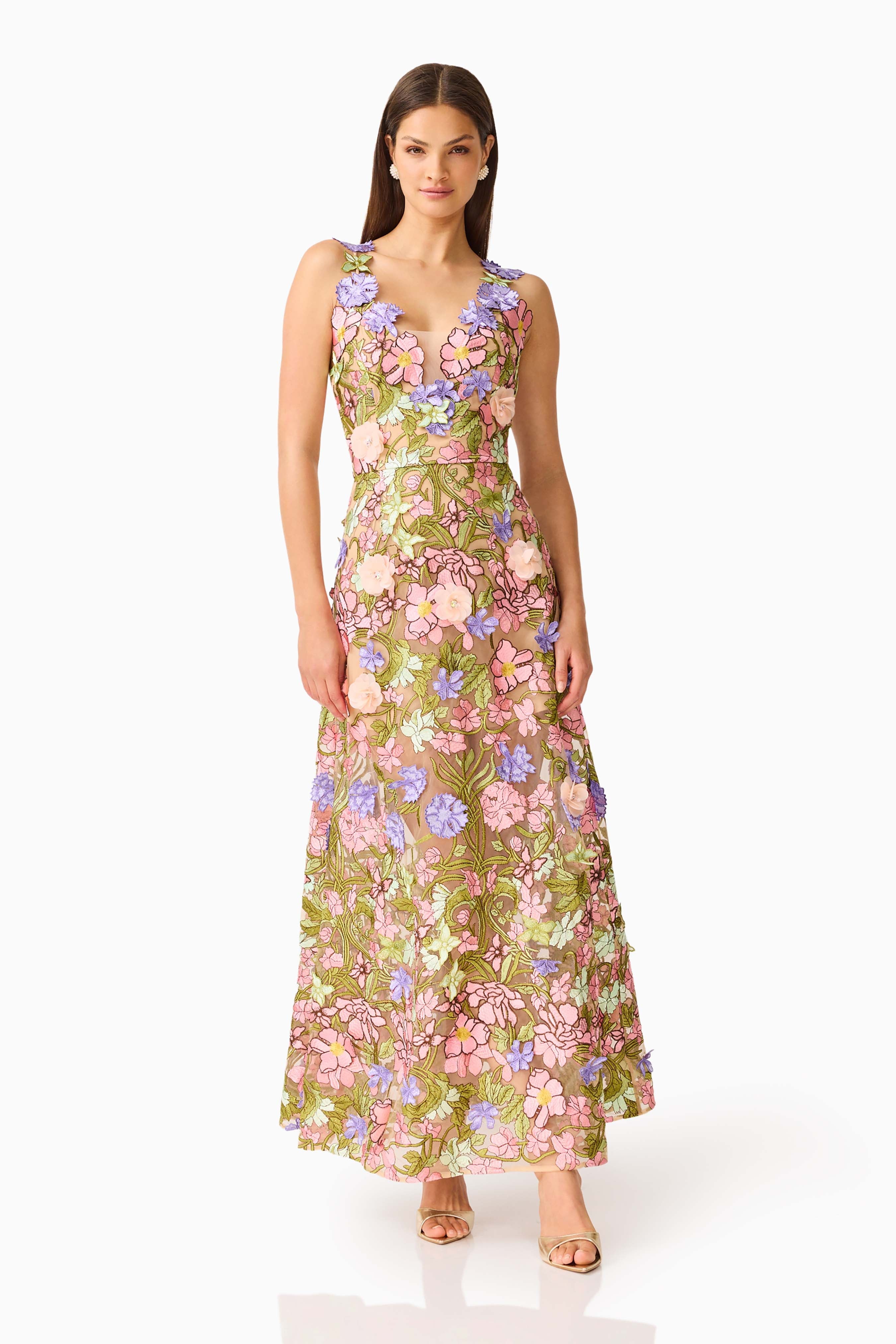 Fiora A-Line Gown in Green & Pink Floral