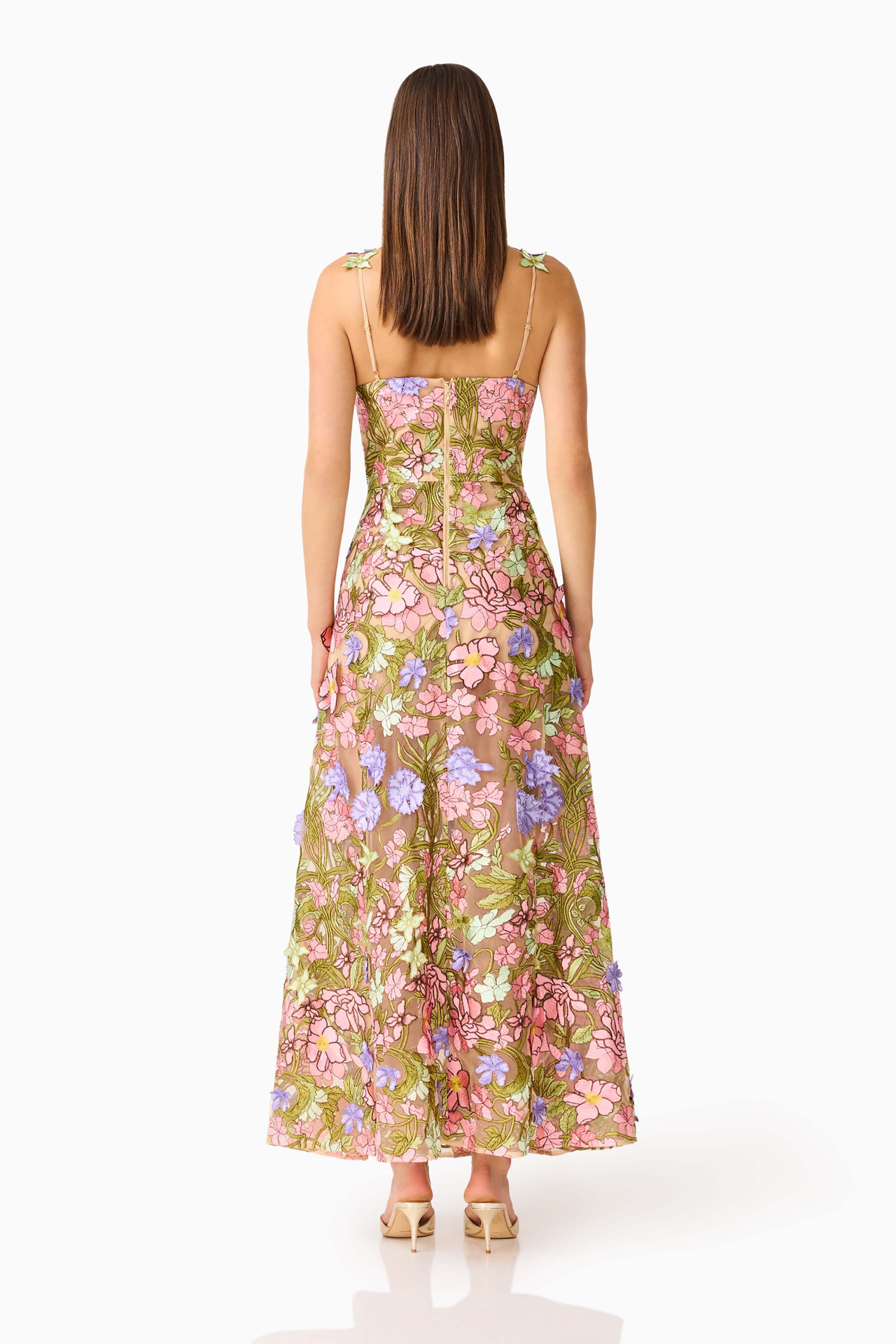 Fiora A-Line Gown in Green & Pink Floral