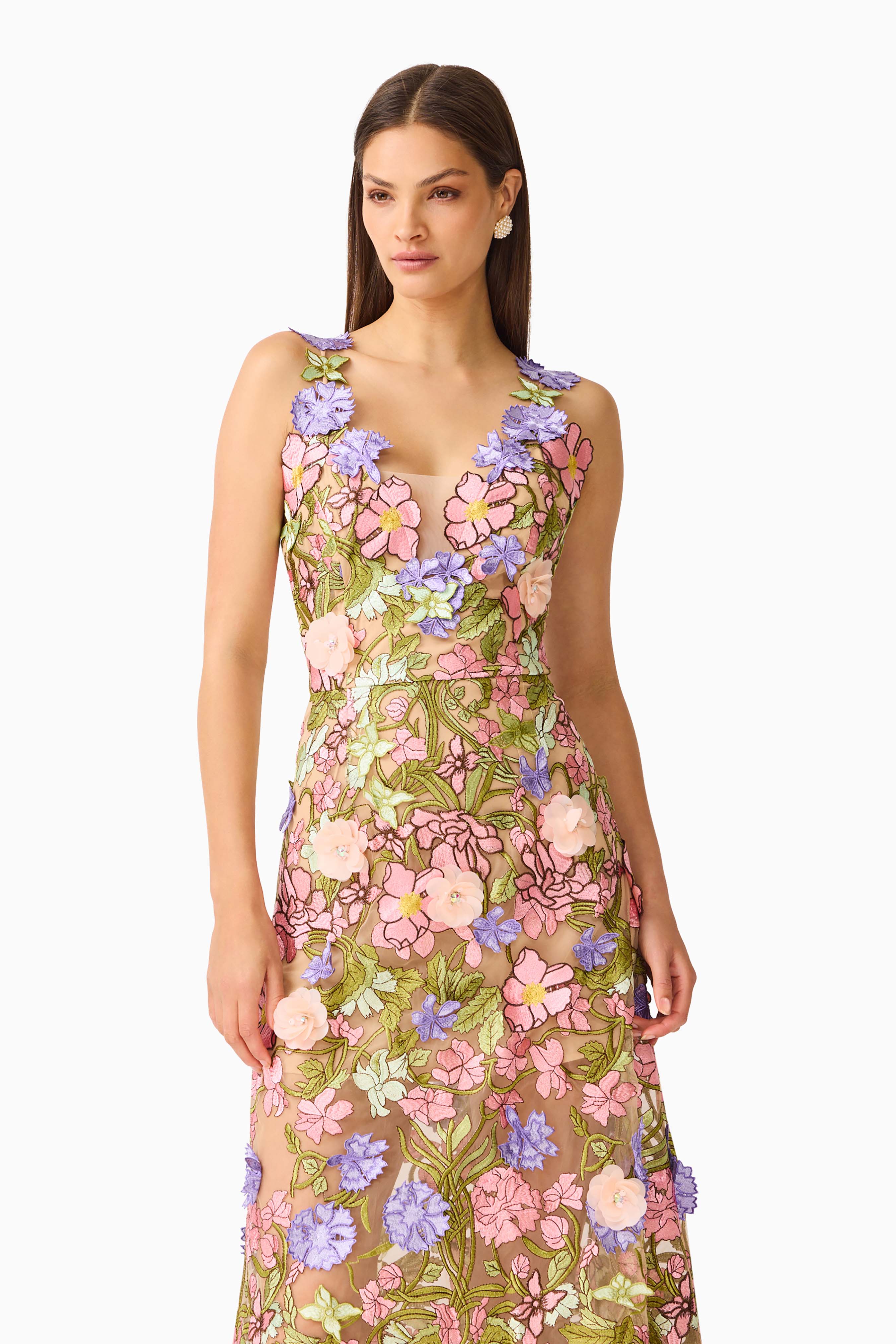 Fiora A-Line Gown in Green & Pink Floral