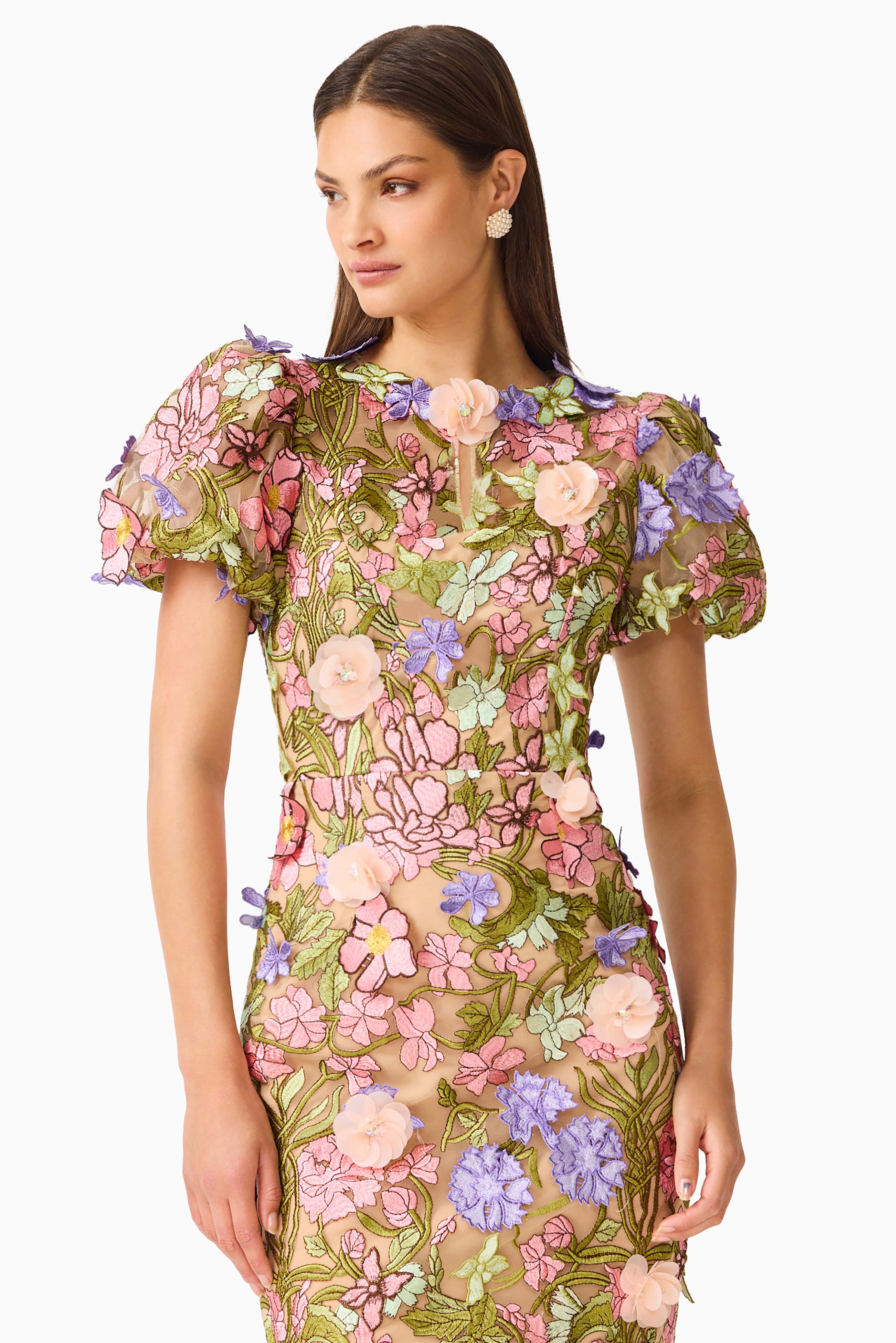 Fiora Puff Sleeve Midi Dress in Green & Pink Floral